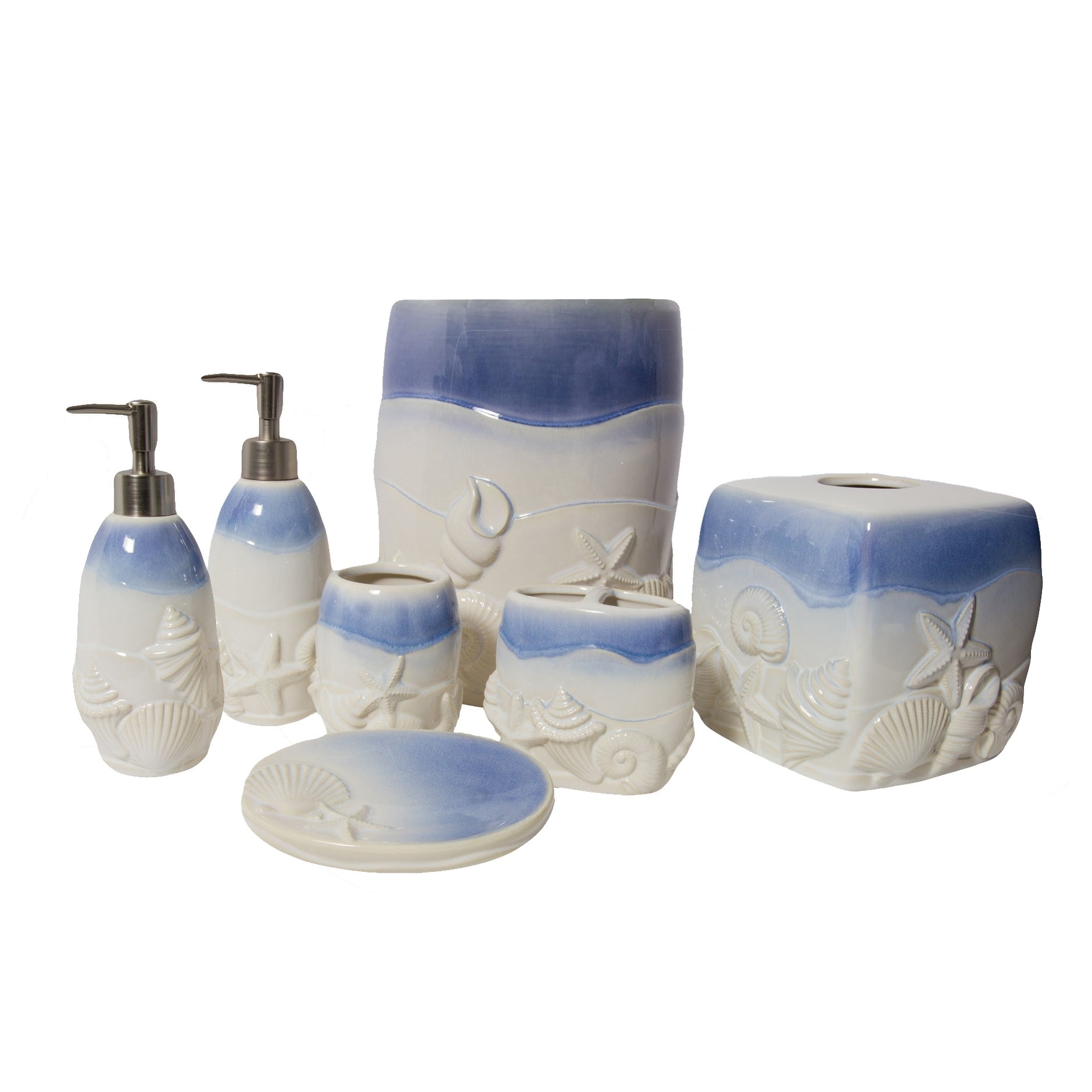 Sherry Kline 7 Piece Ceramic Blue Shell Coastal Bath Accessory Set Natural Blue