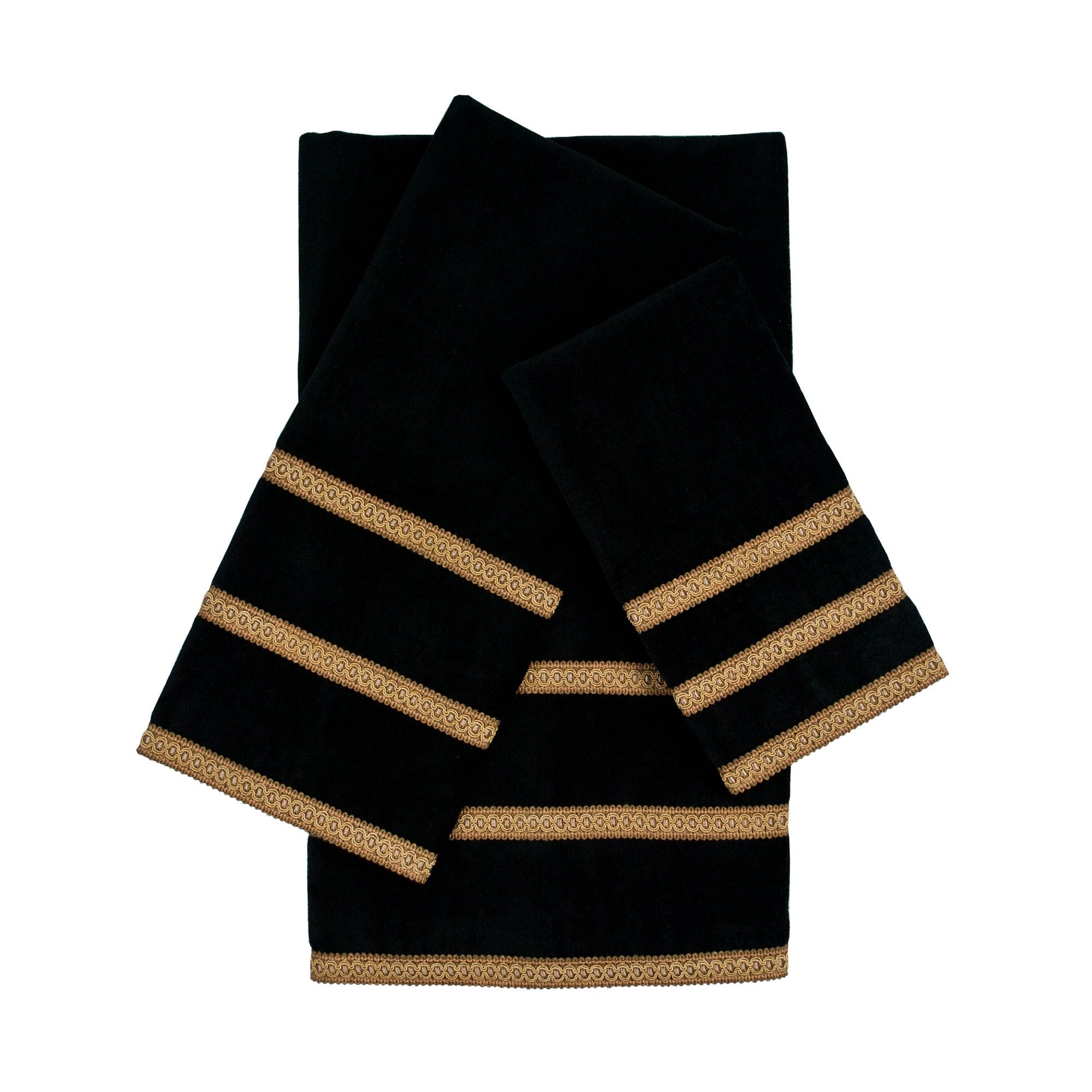 Sherry Kline Triple Row Gimp Black 3 Piece Decorative Embellished Towel Set