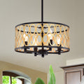 Shivana Matte Black Gold Geometric Iron Frame 4 Light Drum Chandelier