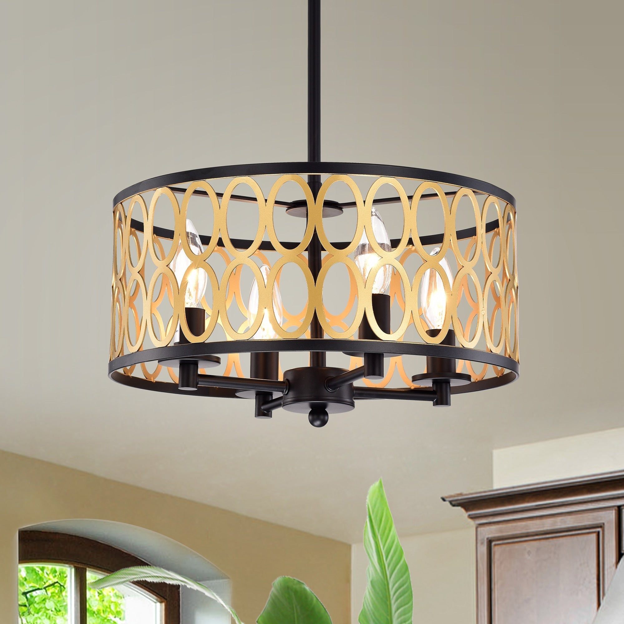 Shivana Matte Black Gold Geometric Iron Frame 4 Light Drum Chandelier