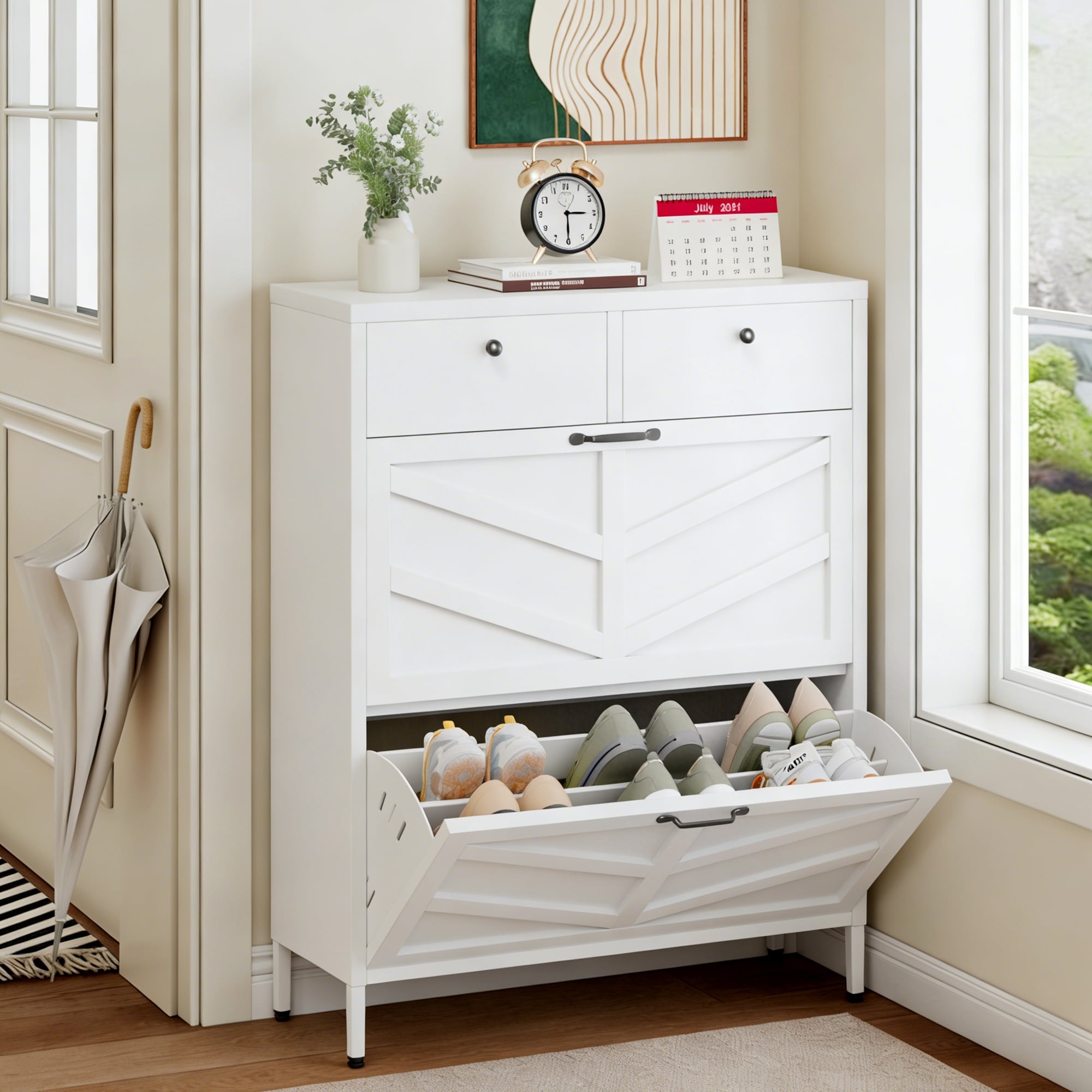 Shoe Cabinet With 2 Flip Drawers And 2 Drawers Freestanding 31.5 W X 40.75 H White Organizer With Anti Tip Device