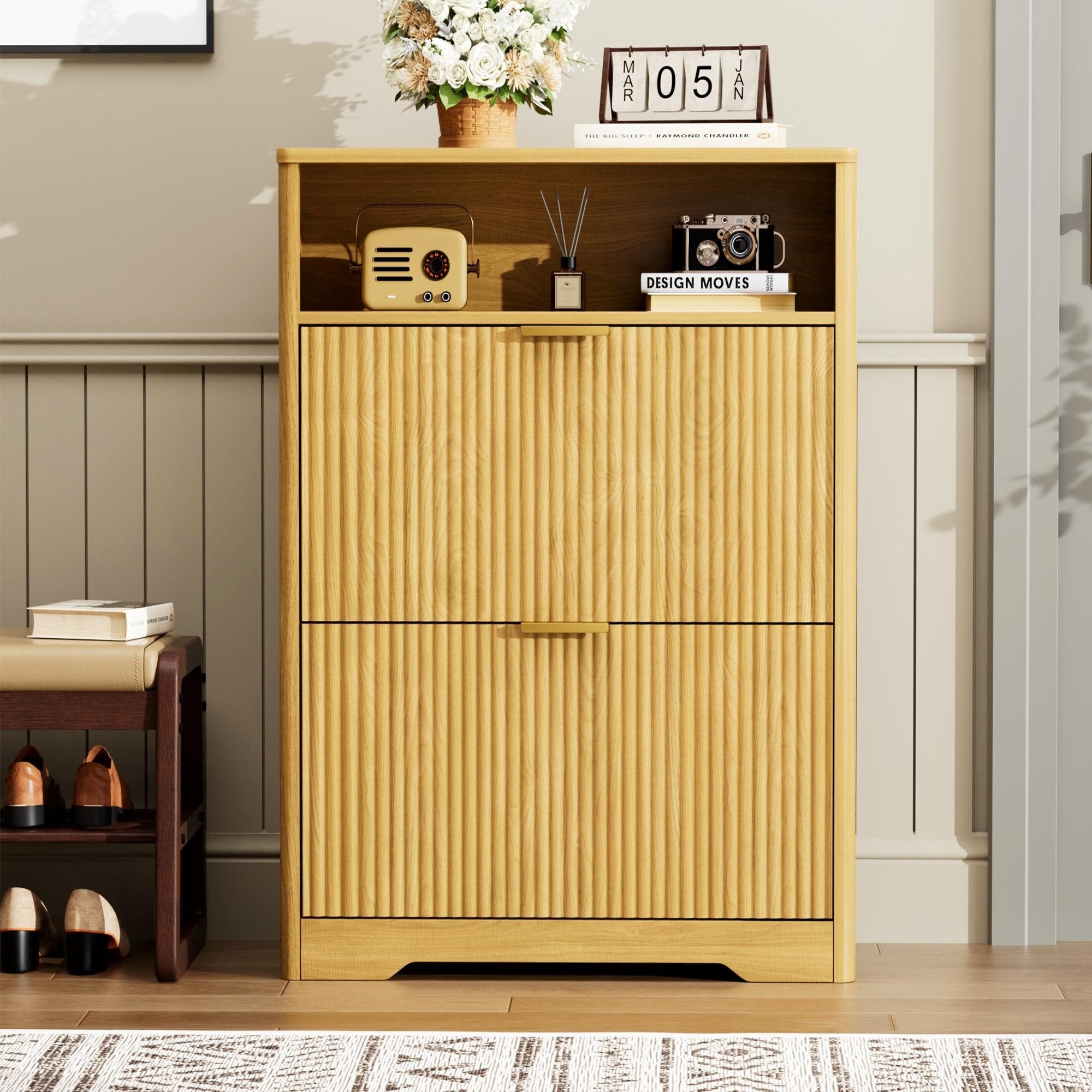 Shoe Cabinet With 2 Flip Drawers Hidden Shoe Storage Cabinet With Wave Patterned Panel Free Standing Entryway Shoe Organizer