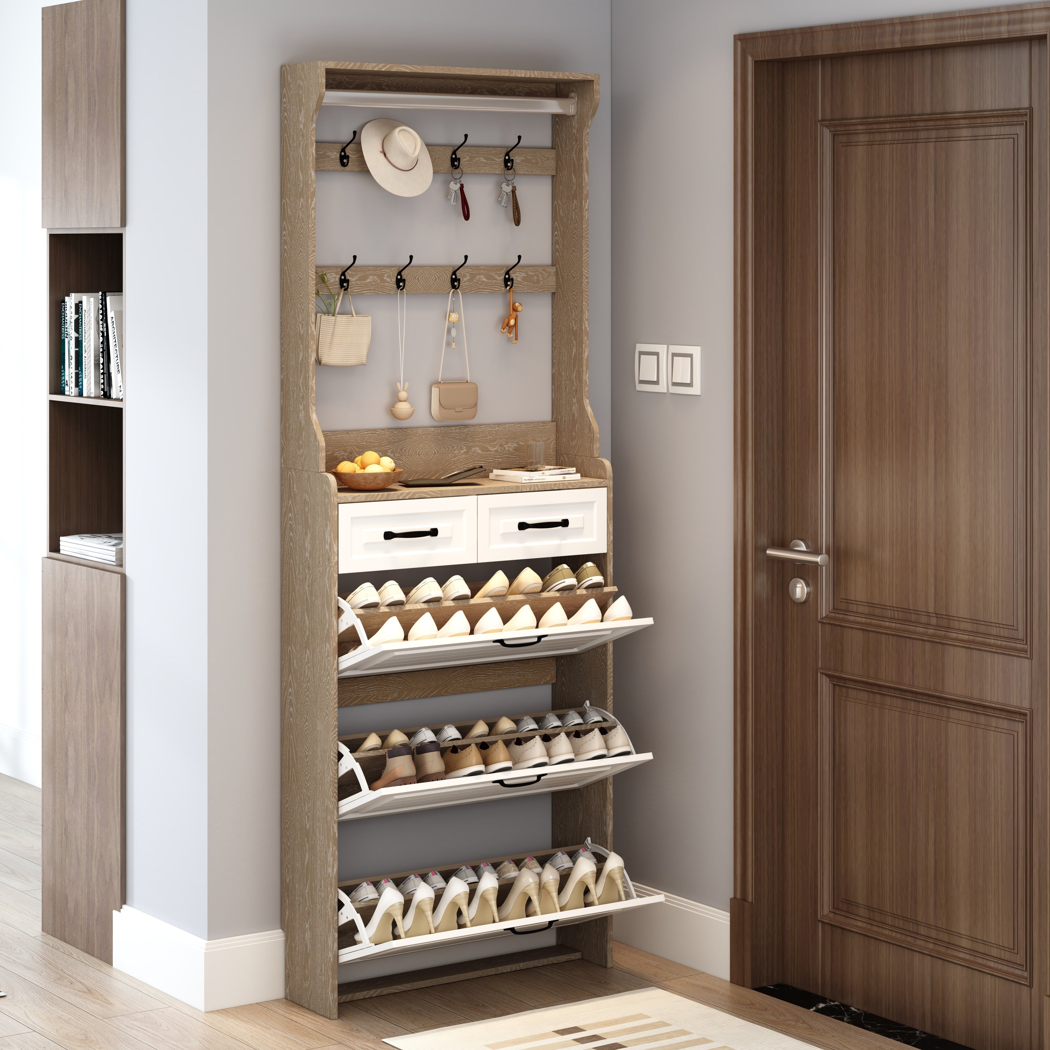 Shoe Cabinet With 3 Flip Drawers 2 Drawers Hidden Narrow Shoe Rack Cabinet Entryway Wood Shoe Storage Organizer