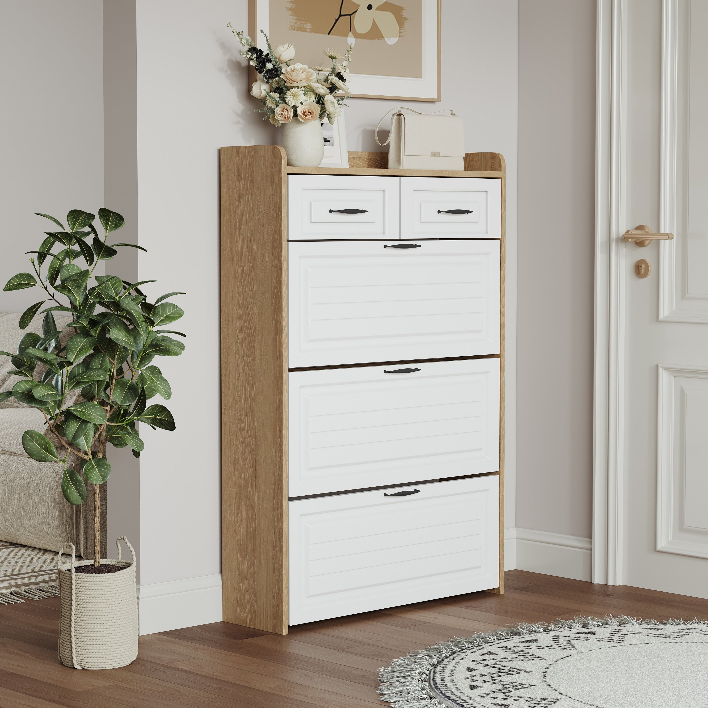 Shoe Cabinet With 3 Flip Drawers 2 Drawers Wooden Narrow Shoe Storage Cabinet Freestanding Entryway Shoe Rack Organizer