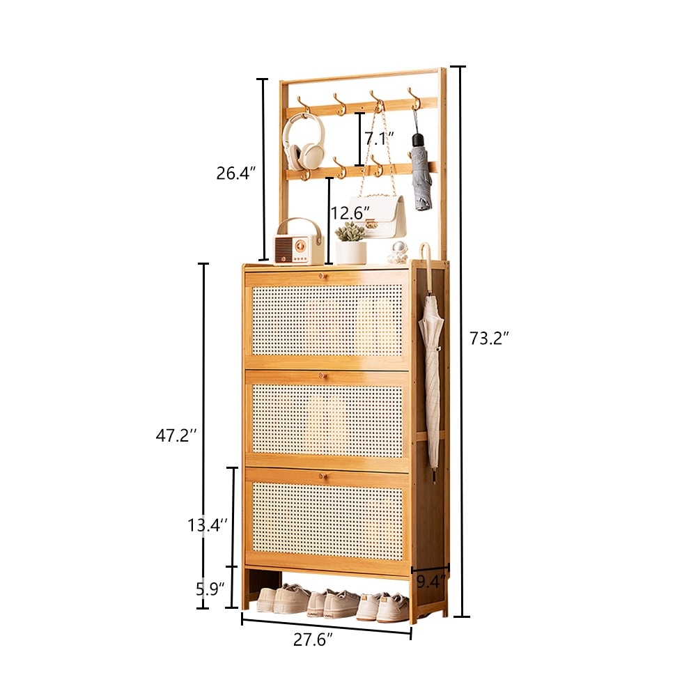 Shoe Cabinet With 3 Rattan Flip Drawers Shoe Storage Cabinet With Coat Hooks Freestanding Bamboo Shoe Rack Organizer