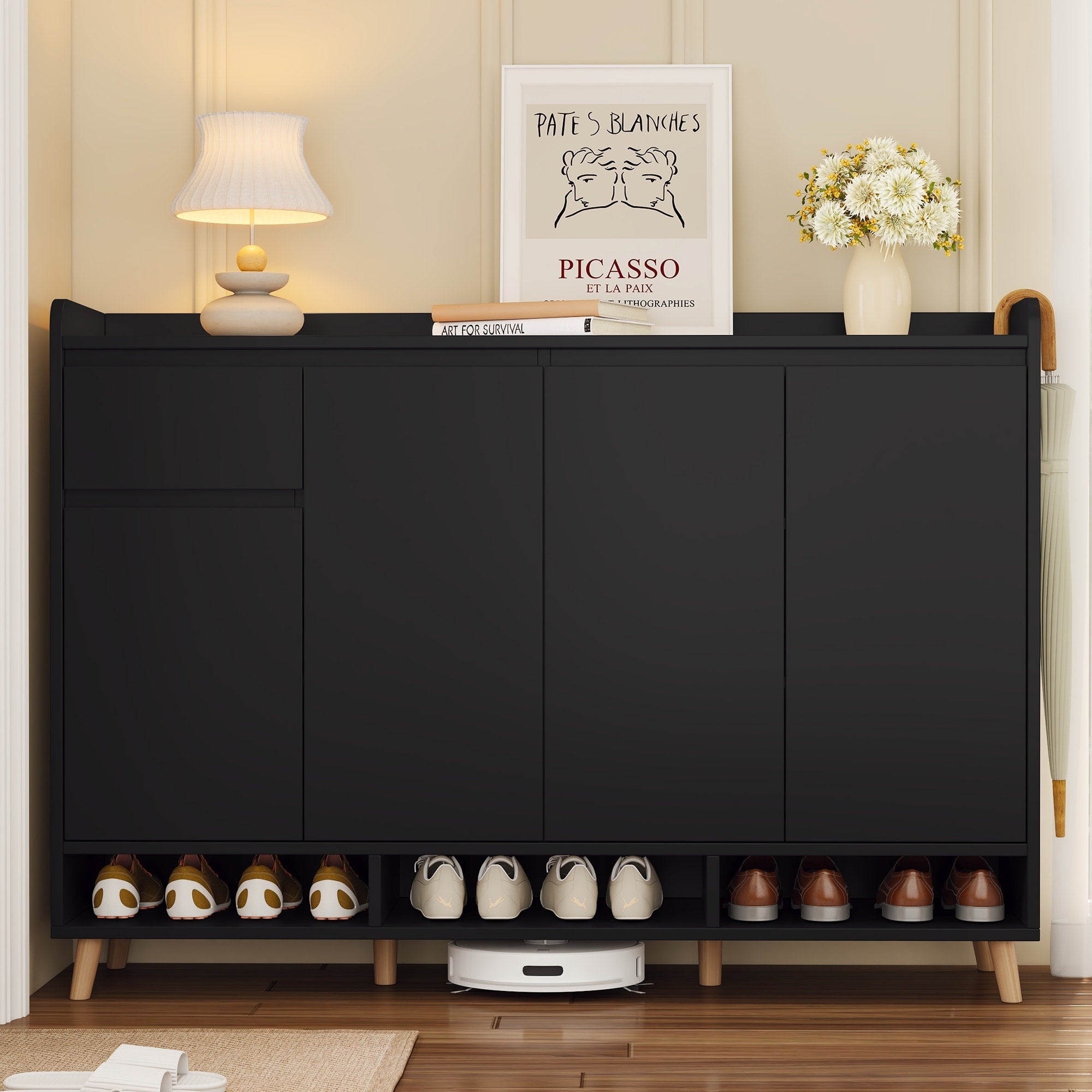 Shoe Cabinet With Adjustable Shelves Multi Functional Storage Cabinet Freestanding Shoe Rack With 1 Drawer 4 Doors