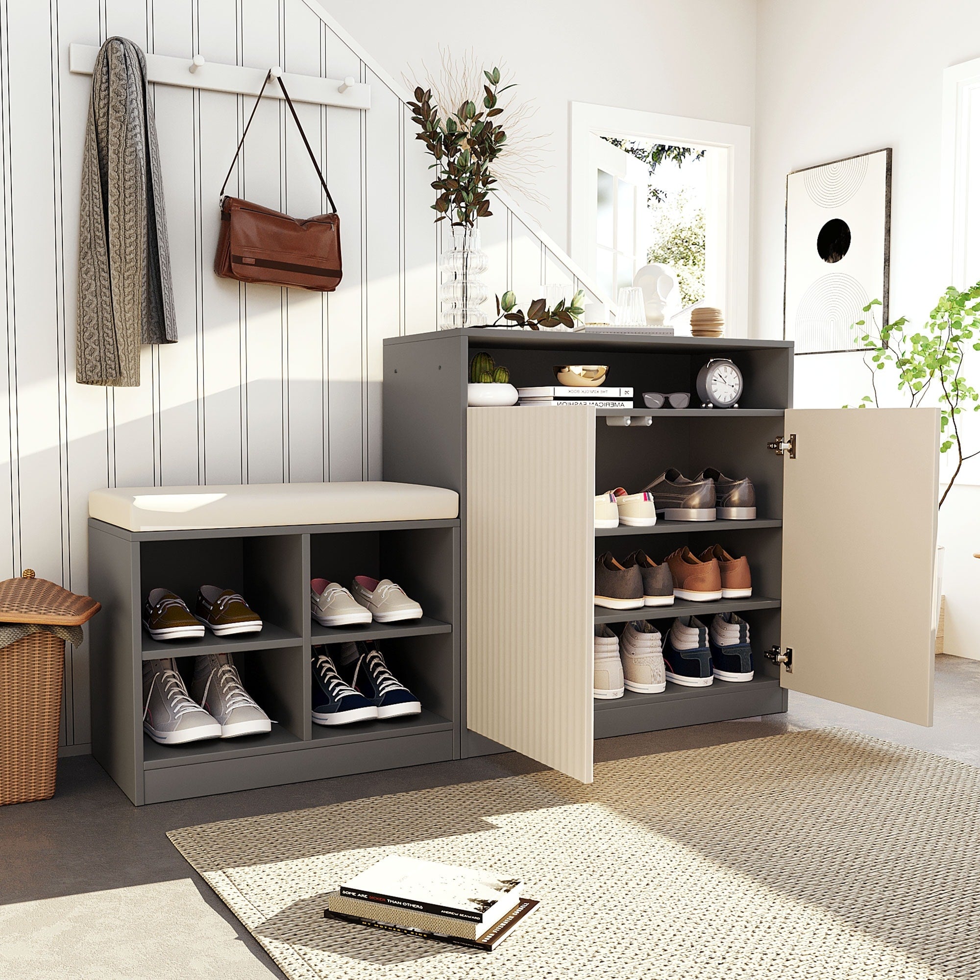 Shoe Cabinet With Bench Doors Adjustable Shelves Entryway Bench With Open Shoe Racks Storage Console Table With Hooks