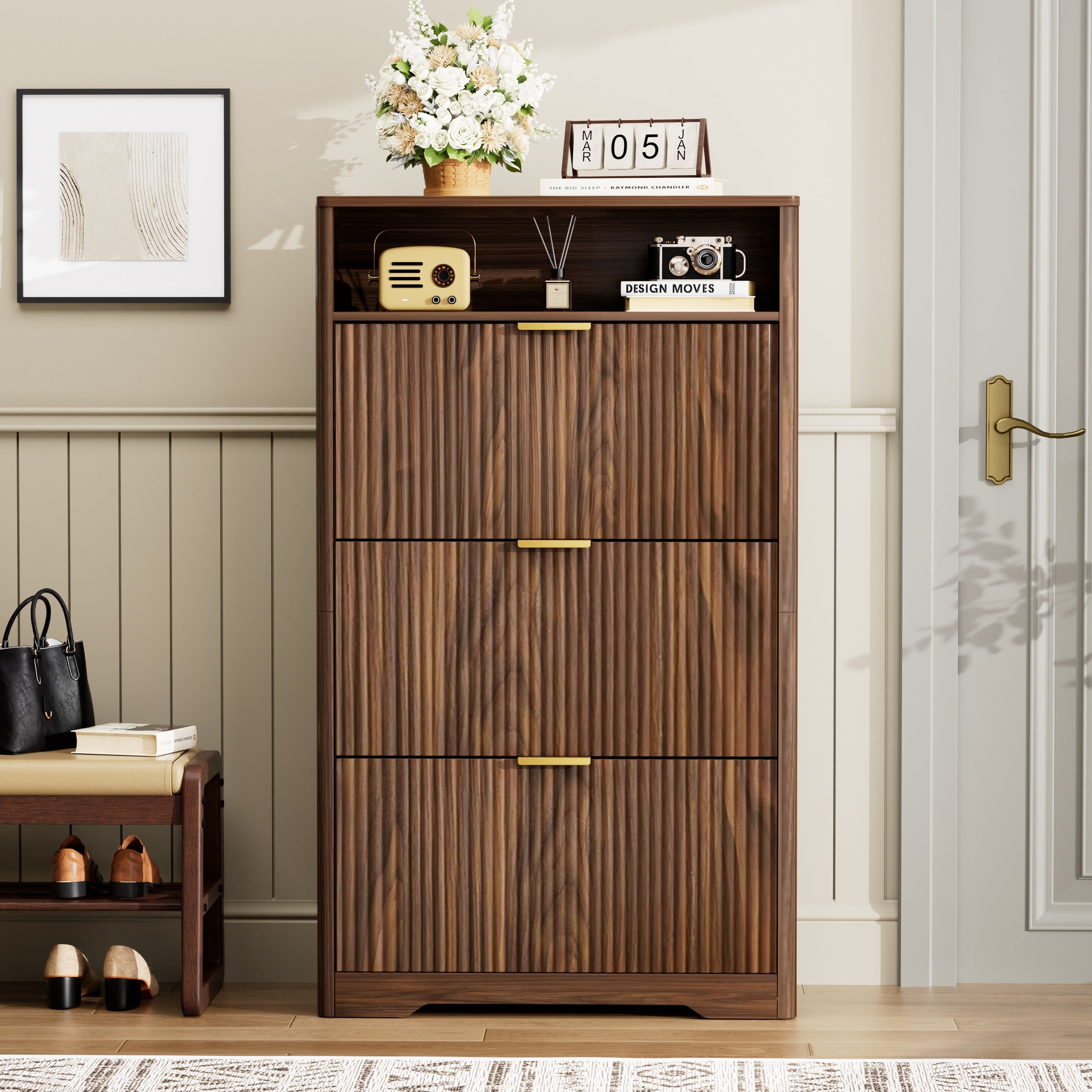 Shoe Cabinet With Open Shelf 3 Flip Drawers Wood Shoe Rack With Wave Patterned Panel Free Standing Entryway Shoe Organizer