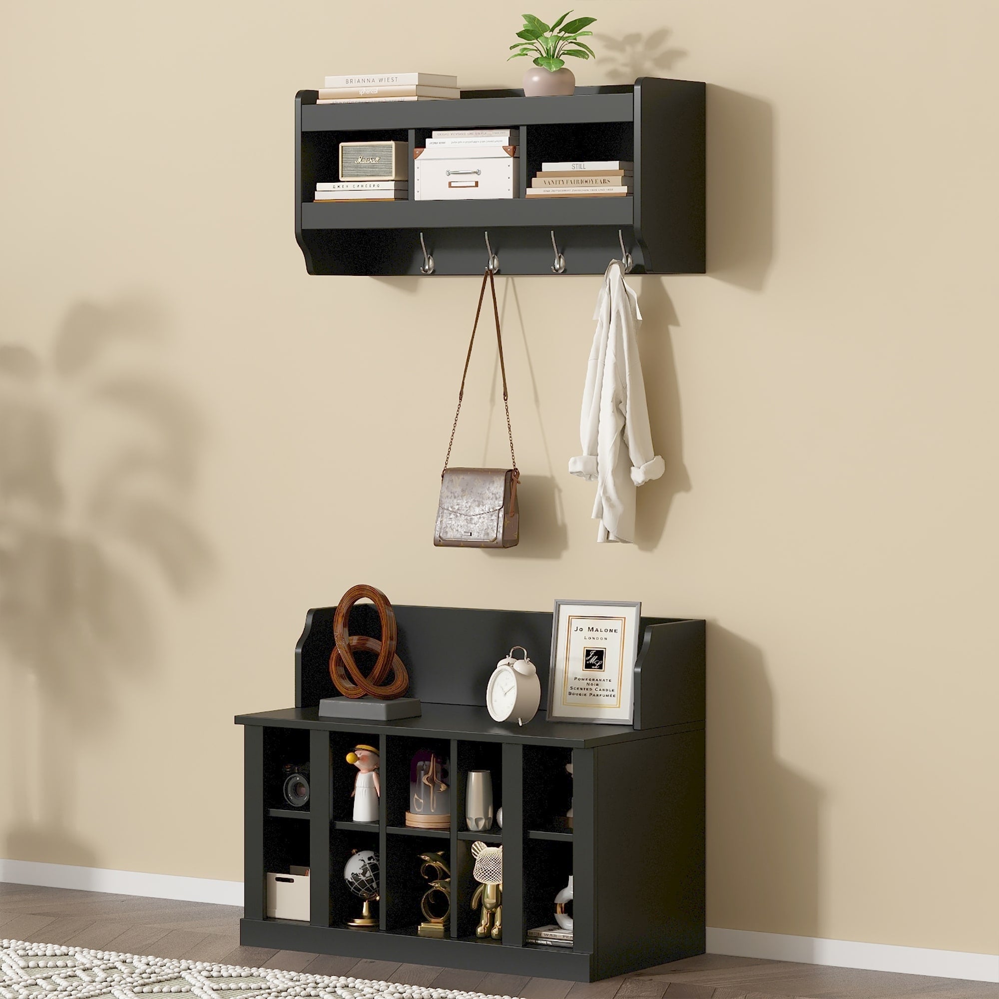 Shoe Storage Bench With Shelves 4 Hooks Wall Mounted Hall Tree