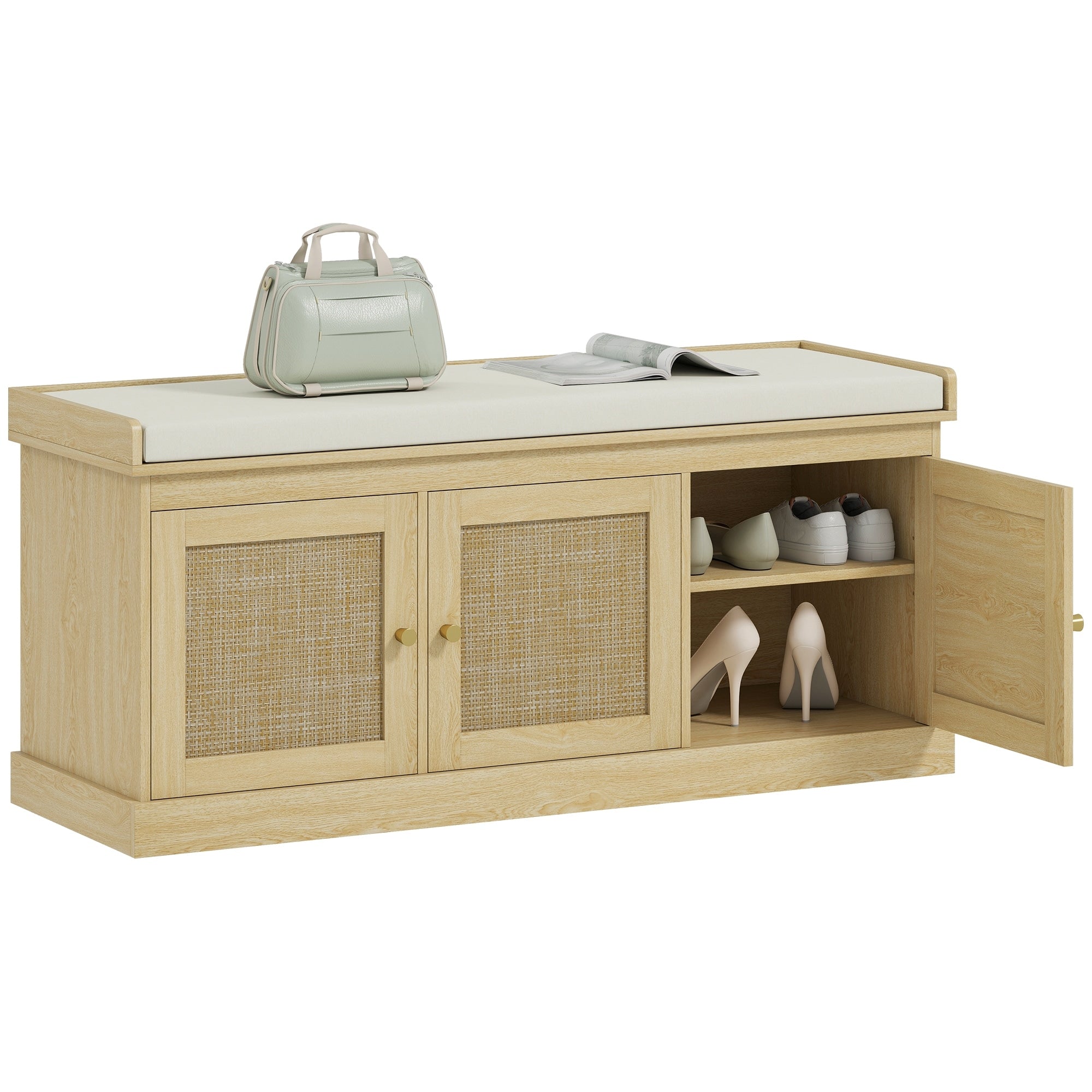Shoe Storage Bench With Woven Rattan Shoe Bench With Cushion Adjustable Shelves Entryway Bench For Bedroom Living Room