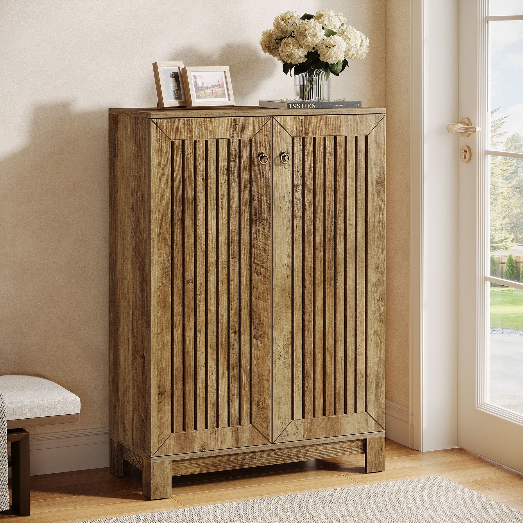 Shoe Storage Cabinet With Louvered Doors 5 Tier Wooden Entryway Shoe Rack 13.78 D X 28.74 W X 43.31 H