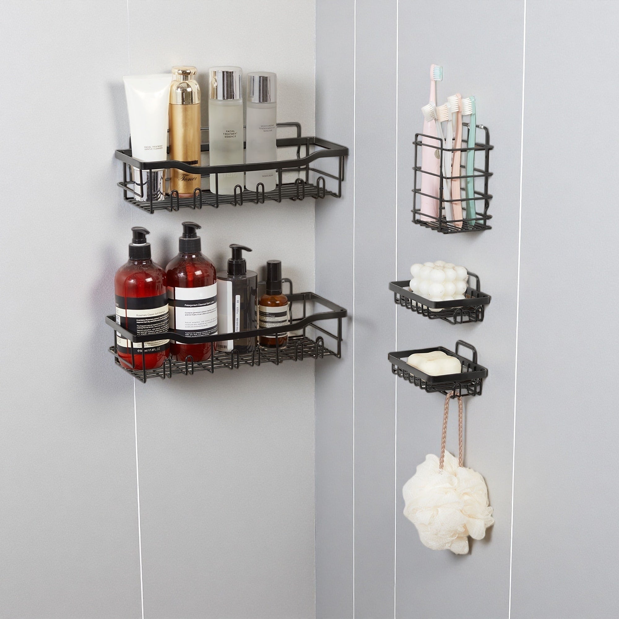 Shower Caddy 5 Pack Adhesive Bathroom Storage Organization Shelves Rack No Drilling Rust Proof 40Lbs Capacity