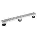 Shower Linear Drain 60 Inch Square Checker Pattern Grate Stainless Steel W Threaded Adaptor And Adjustable Leveling Feet
