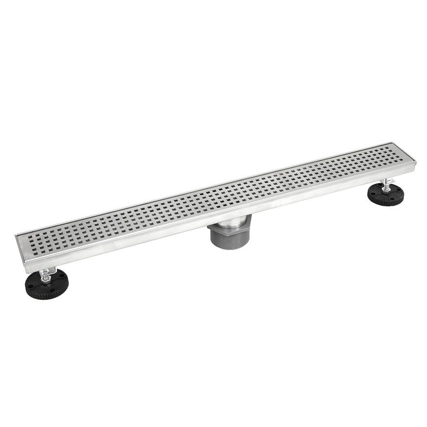 Shower Linear Drain 60 Inch Square Checker Pattern Grate Stainless Steel W Threaded Adaptor And Adjustable Leveling Feet