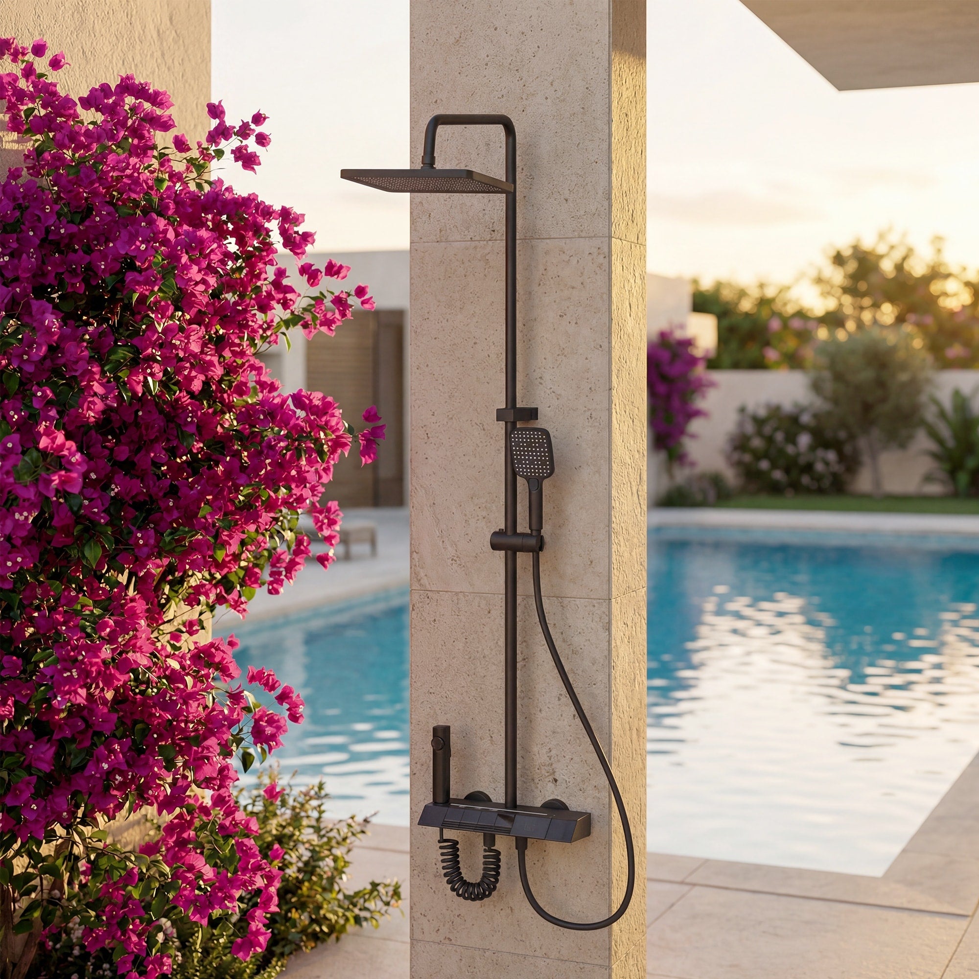 Shower Panel System With Led Digital Display 4 Button Piano Key Control 3 Mode Handheld Rainfall Shower Head