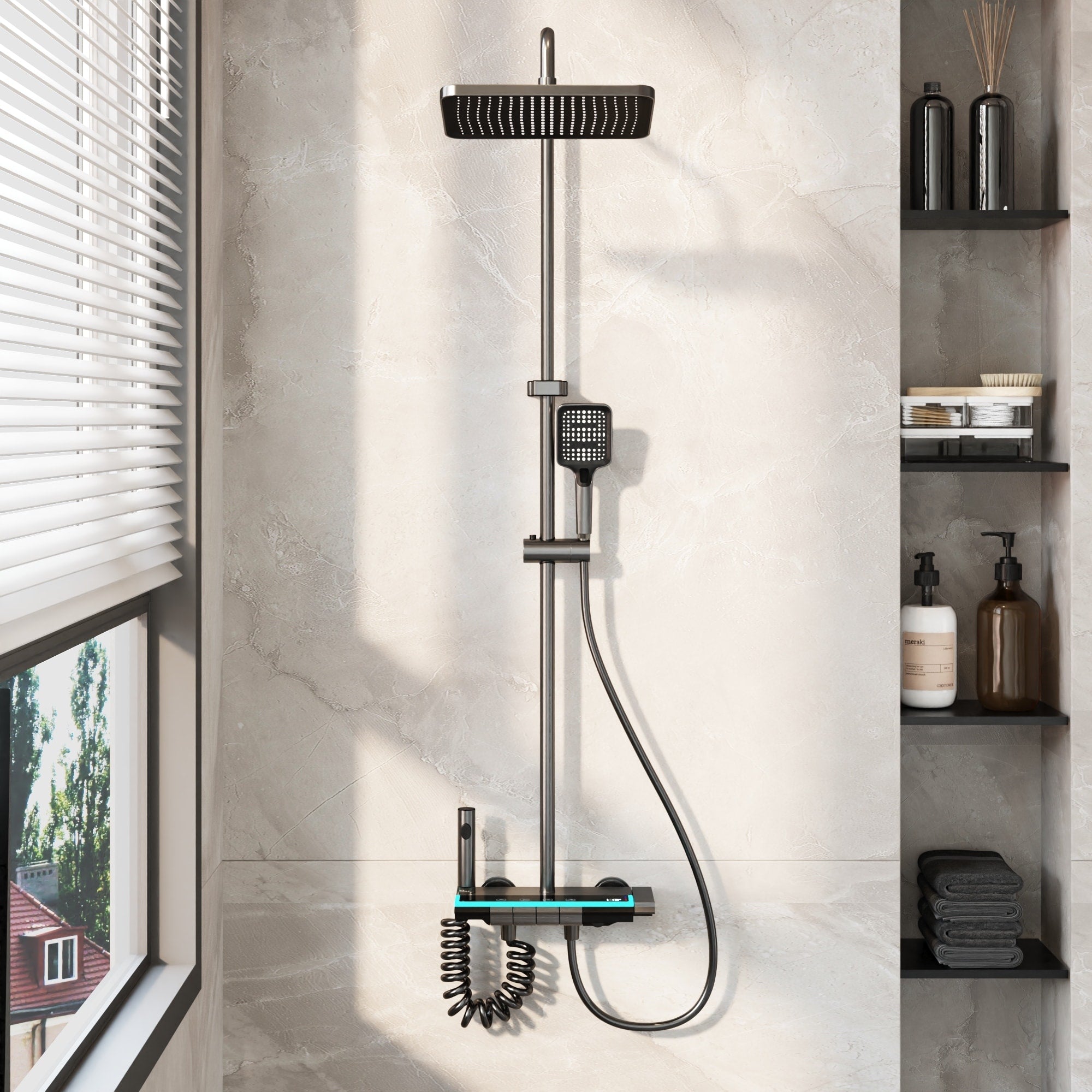 Shower System With Led Temperature Display 4 Function Piano Button Shower Panel With Rainfall Shower Head Handheld Shower