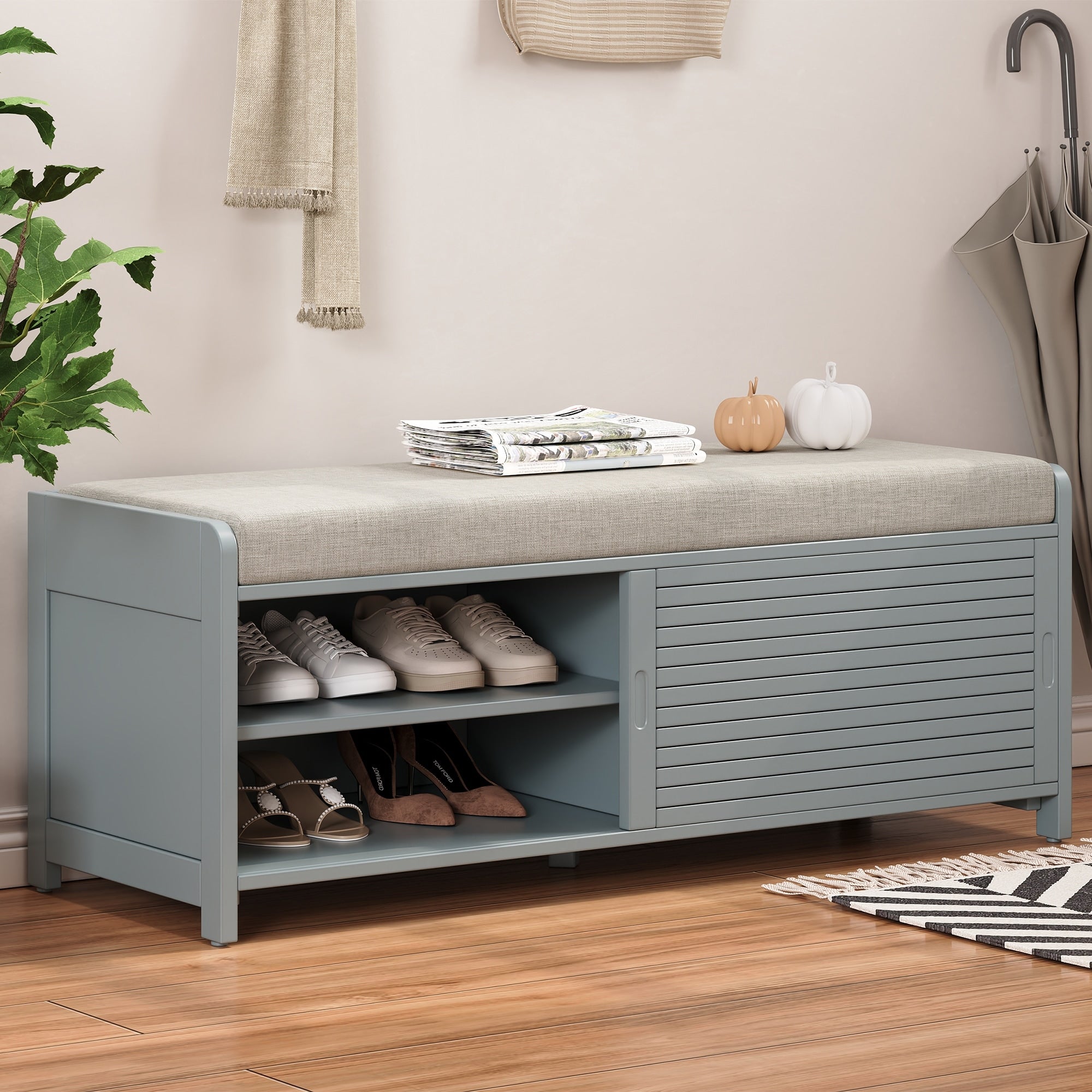 Shutter Storage Bench With Acacia Veneer For Retro Charm For Living Room Entryway