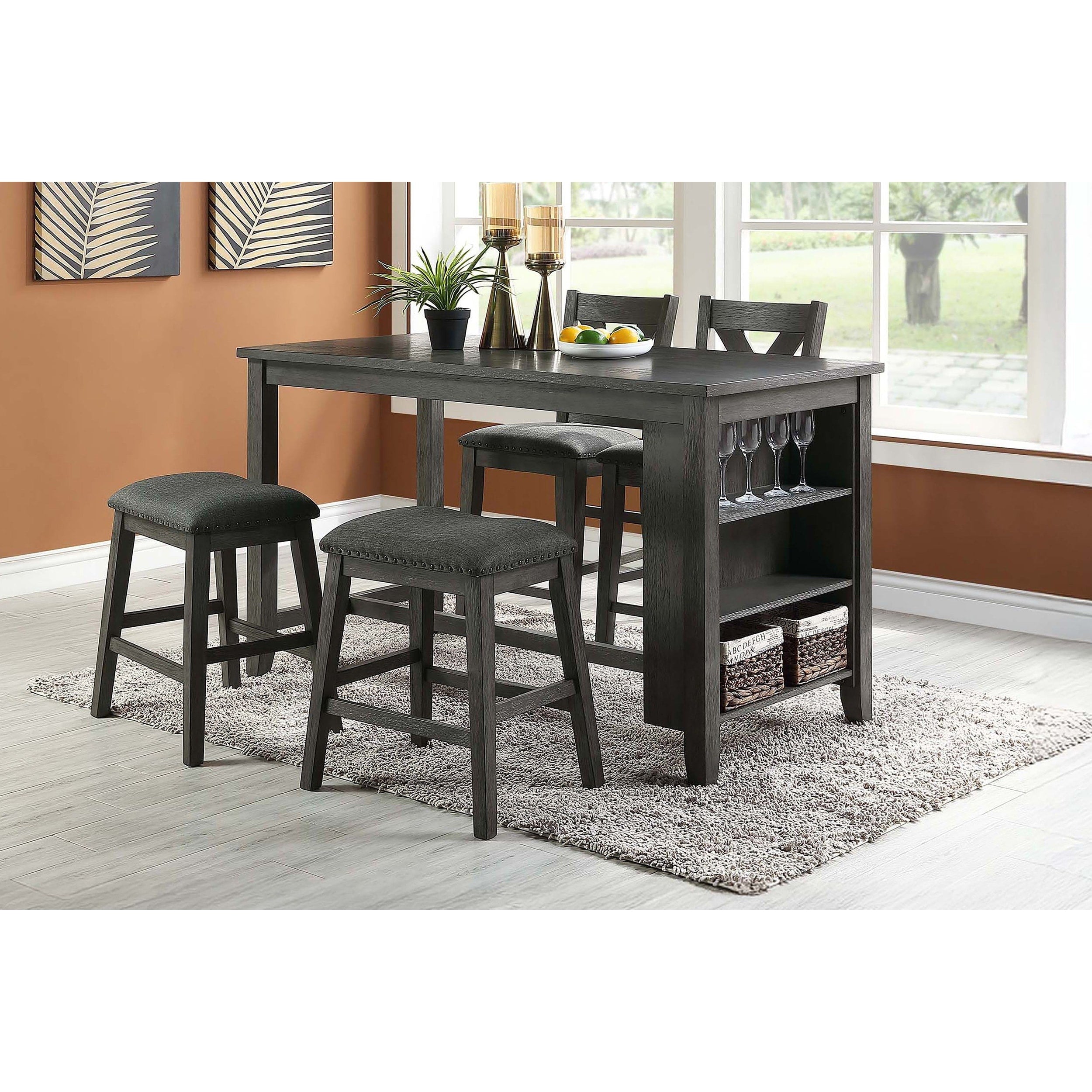 Side Shelf Storage Dining Set Counter Height 5Pc Gray Finish