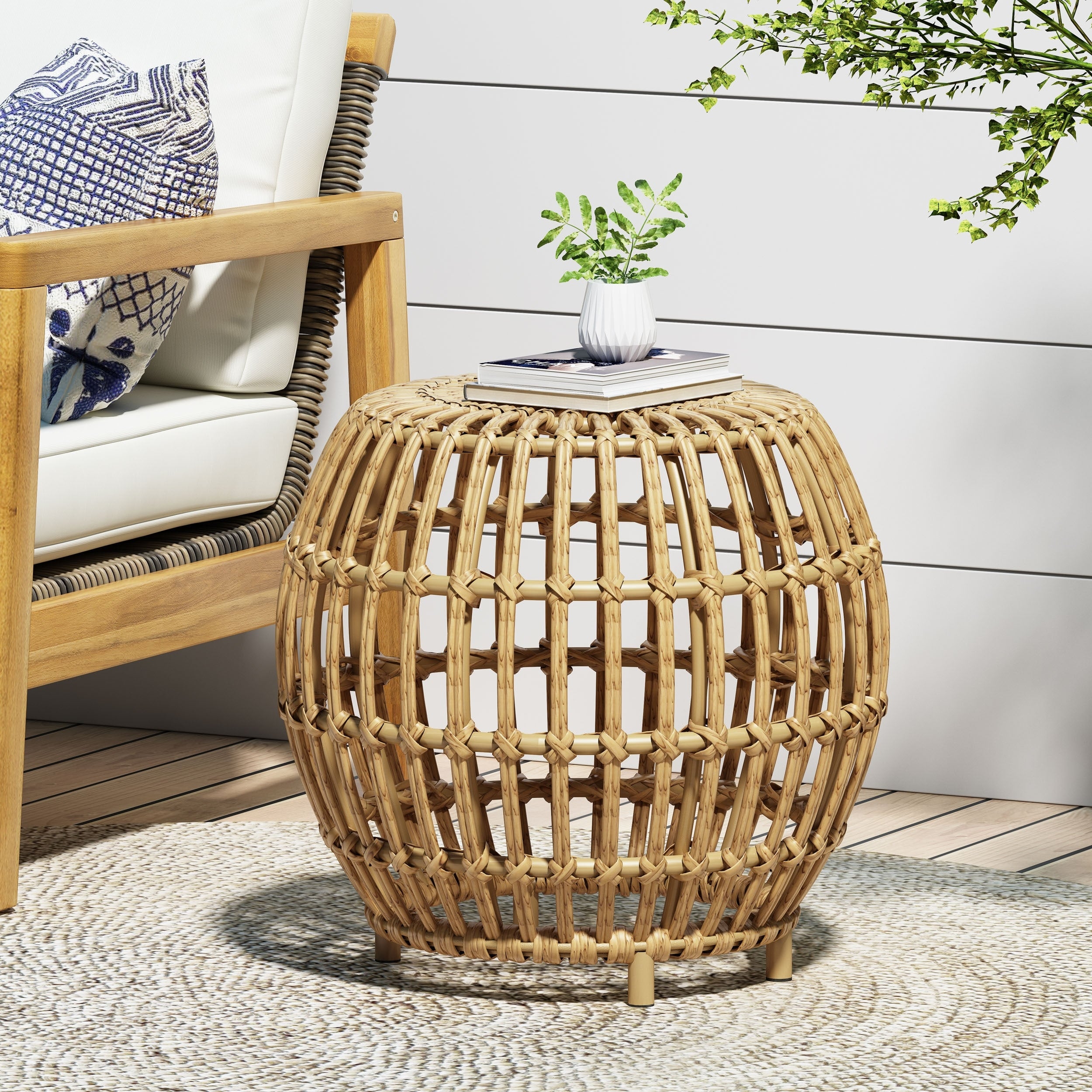 Side Table Bohemian Faux Rattan Weave Accent Table For Indoor Outdoor Use