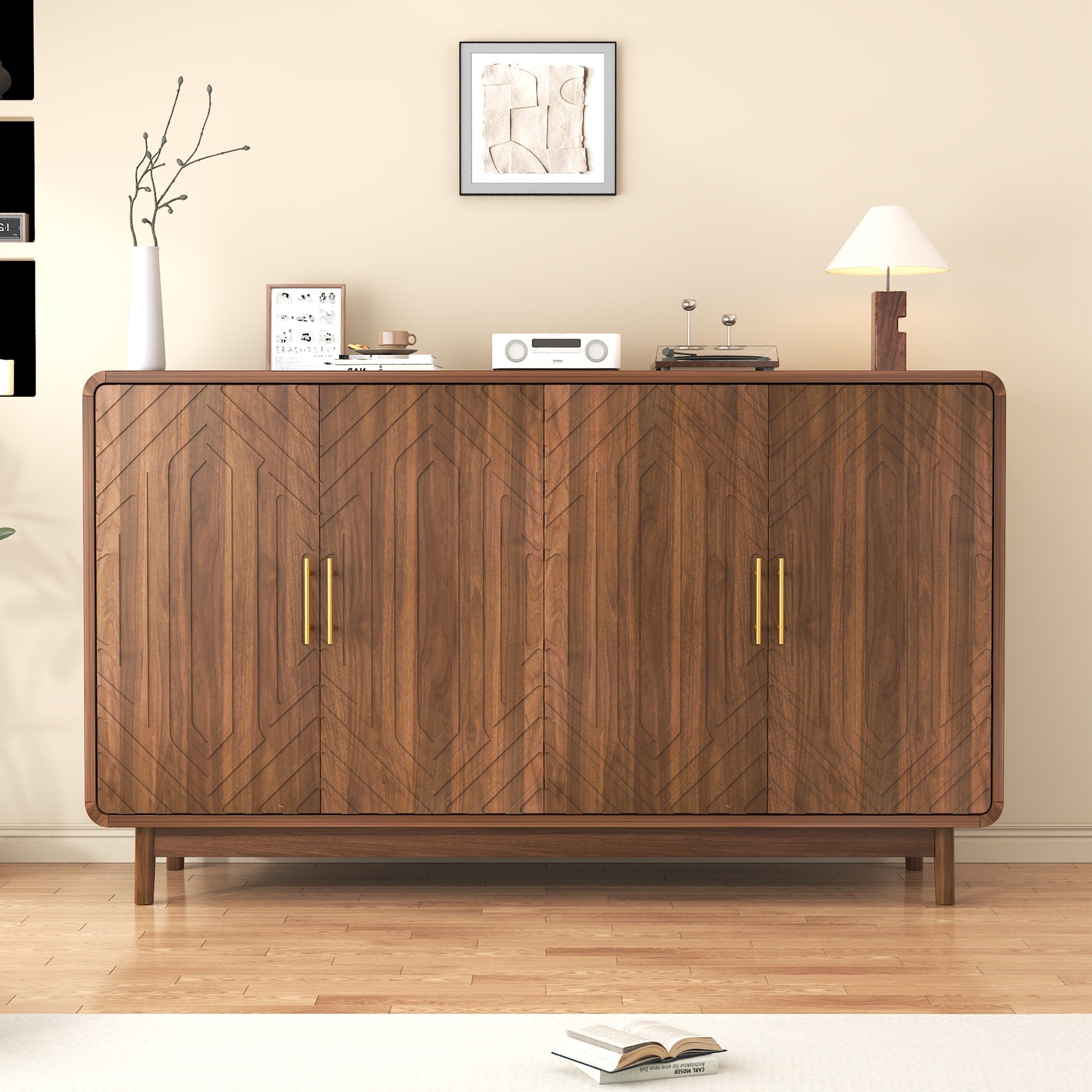 Sideboard Buffet Cabinet With Storage Carved 4 Door Sideboard Multifunctional Accent Cabinet With Adjustable Layer Board
