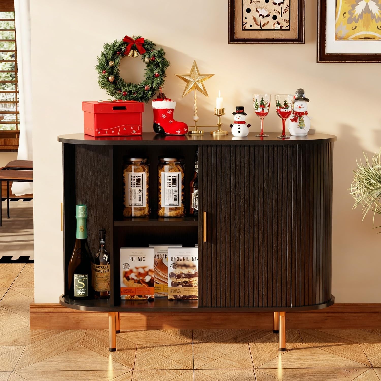 Sideboard Buffet Cabinet With Storage Mid Century Modern Fluted Accent Coffee Bar With Tambour Sliding Doors Adjustable Shelf