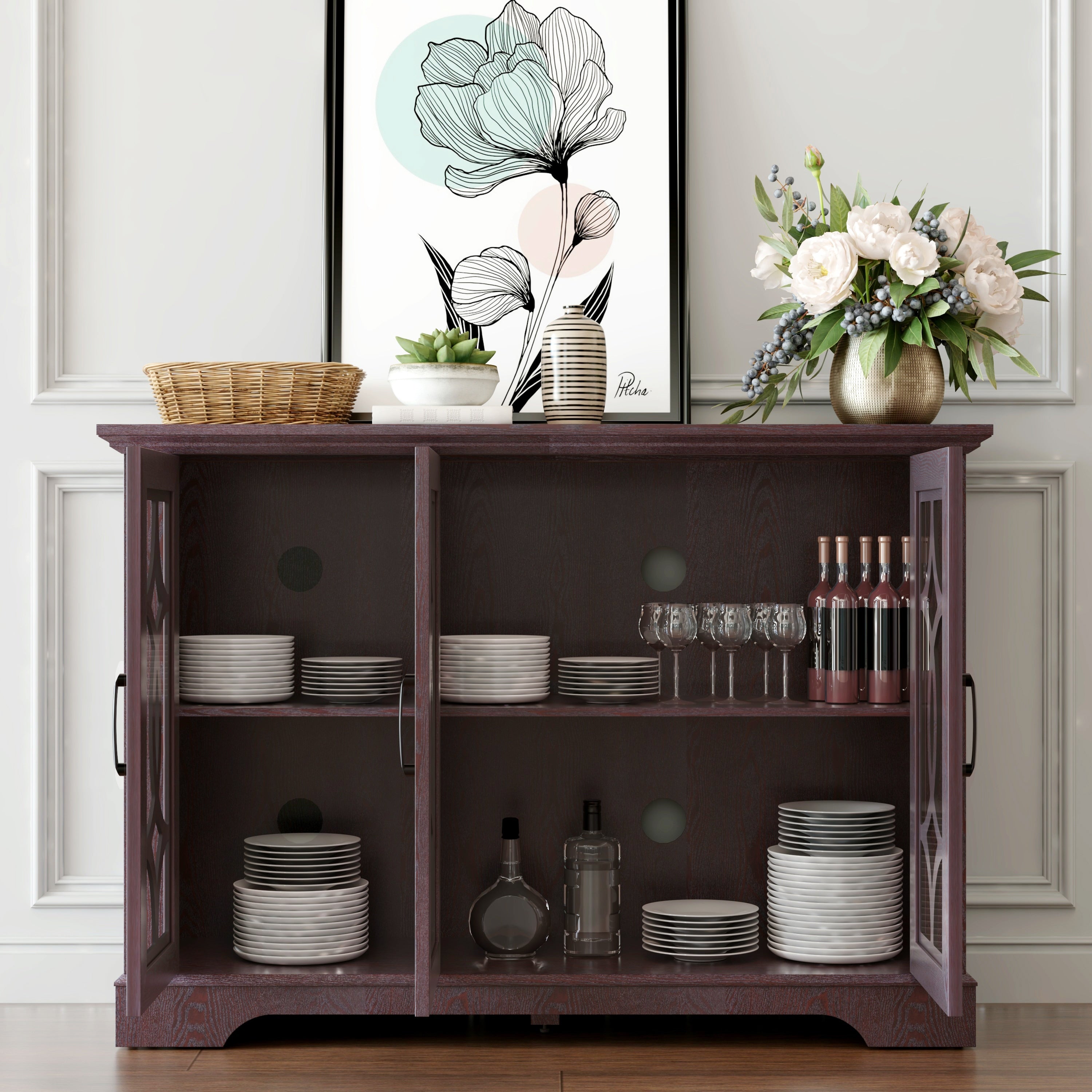 Sideboard Cabinet With 3 Tempered Glass Doors Buffet Cabinet With Adjustable Shelf Freestanding Wooden Storage Cabinet