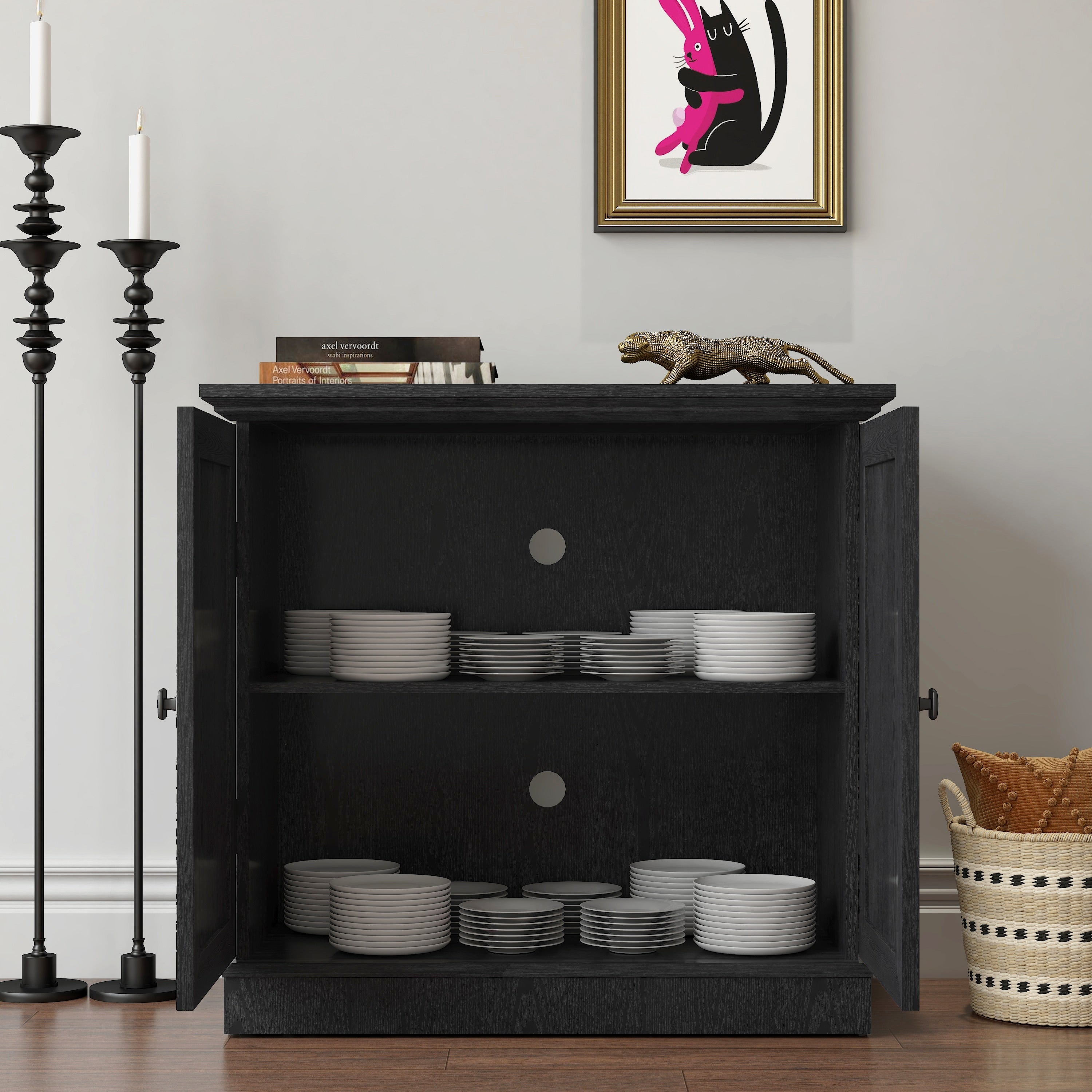 Sideboard Cabinet With Acrylic Mirrored Doors Wooden Kitchen Pantry Storage Cabinet Accent Cabinet With Adjustable Shelf