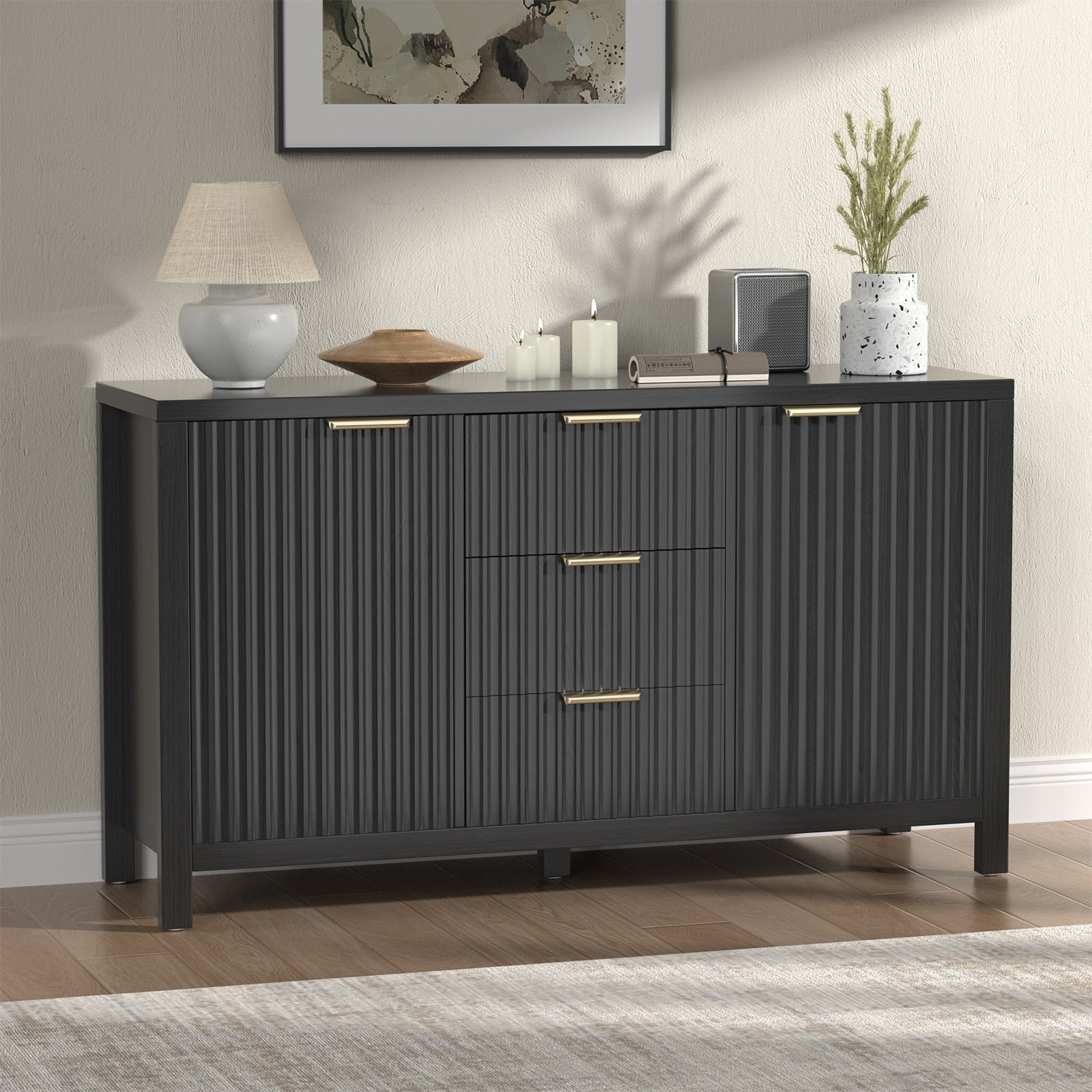 Sideboard Storage Cabinet Fluted Credenza Buffet Cabinet With Two Doors And Three Drawers For Kitchen And Living Room