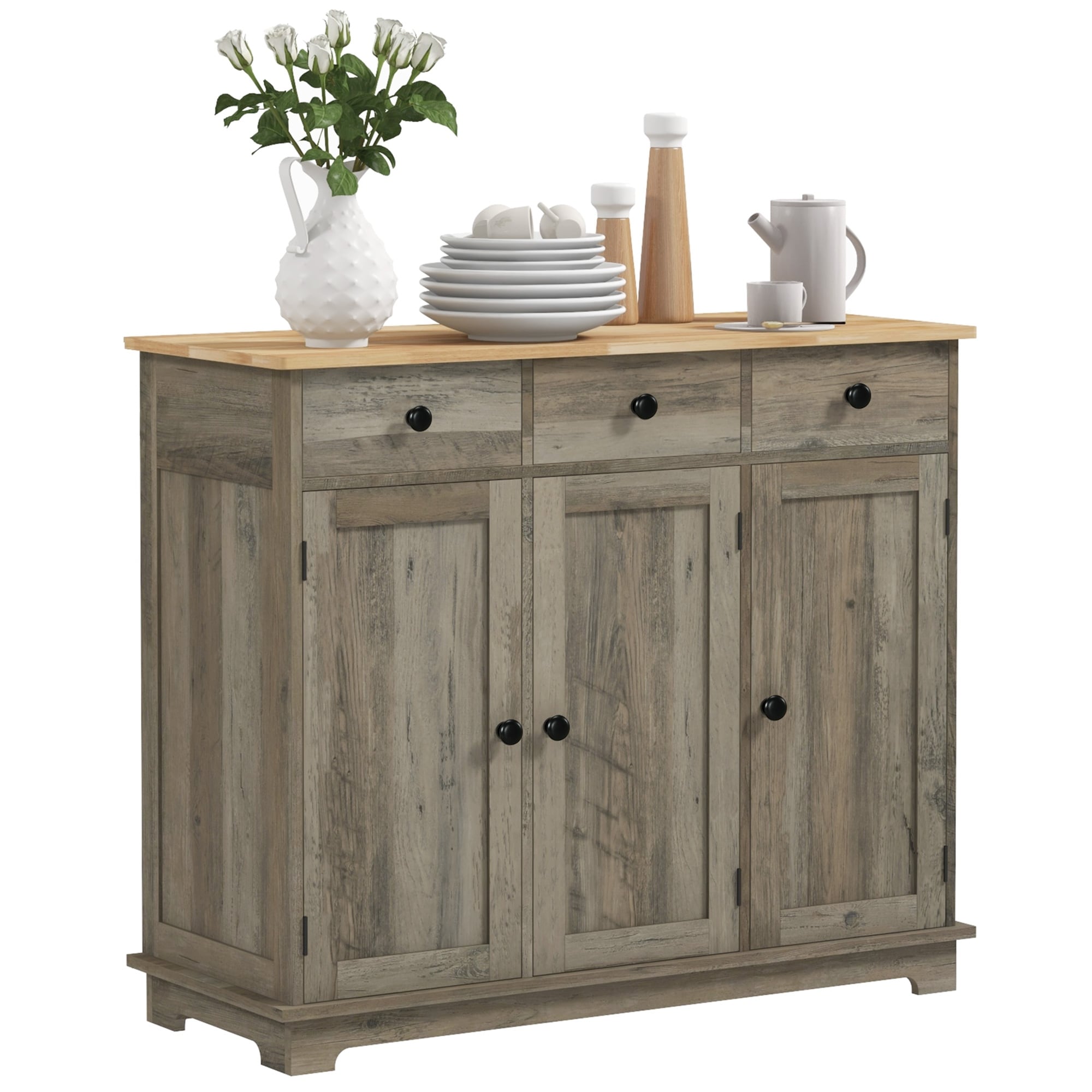 Sideboard With Solid Wood Countertop Modern Kitchen Storage Cabinet Bar Cabinet With 3 Drawers Doors And Adjustable Shelf