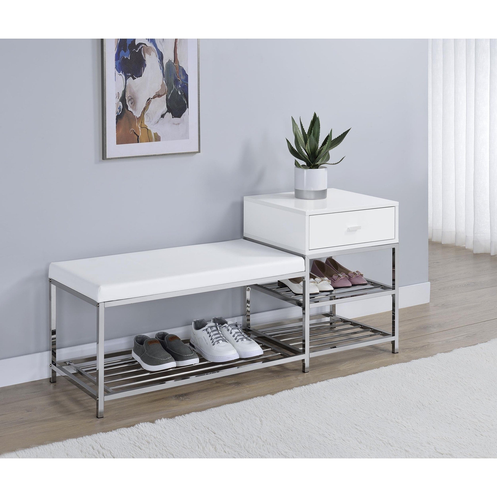 Siega 1 Drawer Shoe Storage Entryway Bench White High Gloss And Chrome