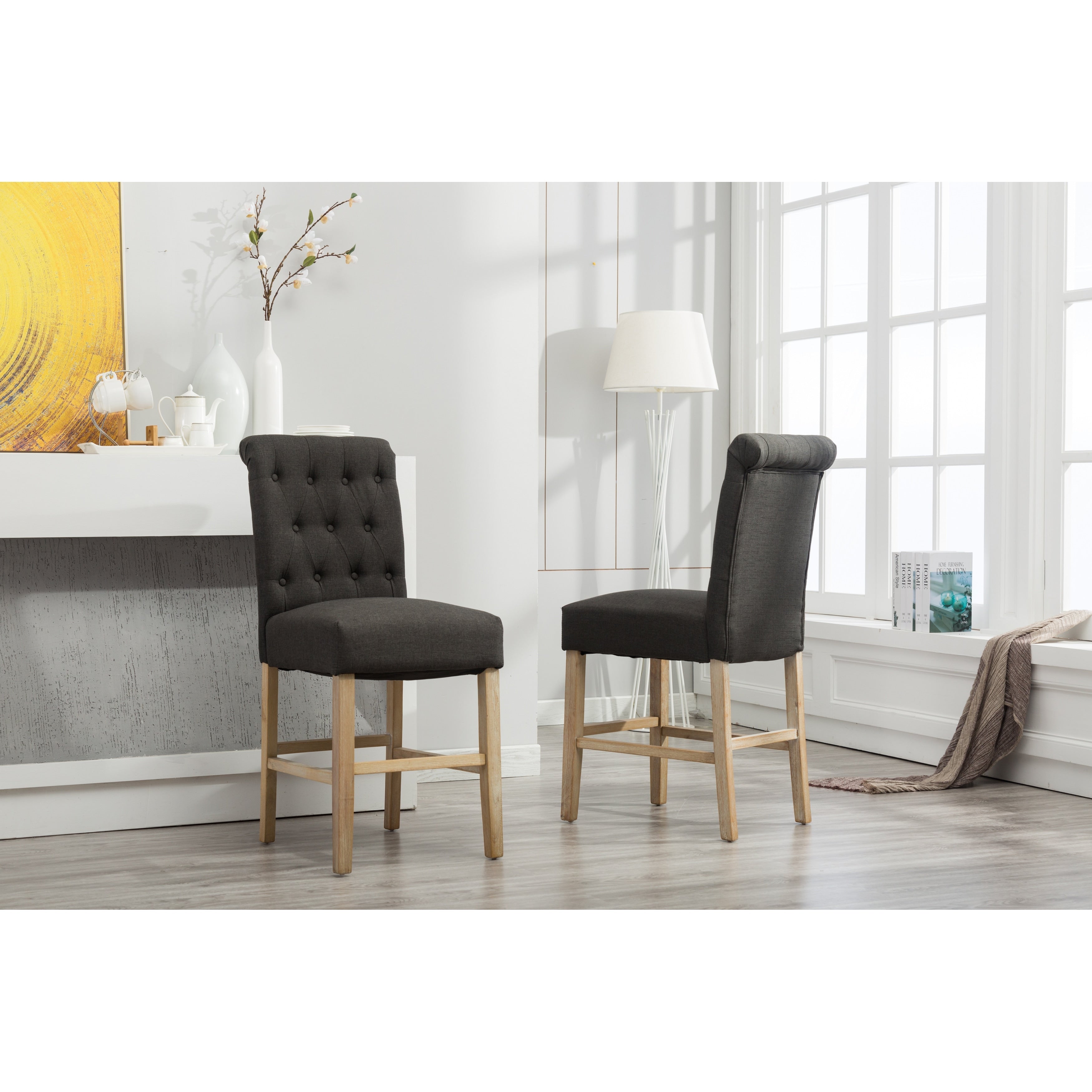 Siena Counter Height Button Tufted Back Solid Wood Stools Set Of 2 Charcoal