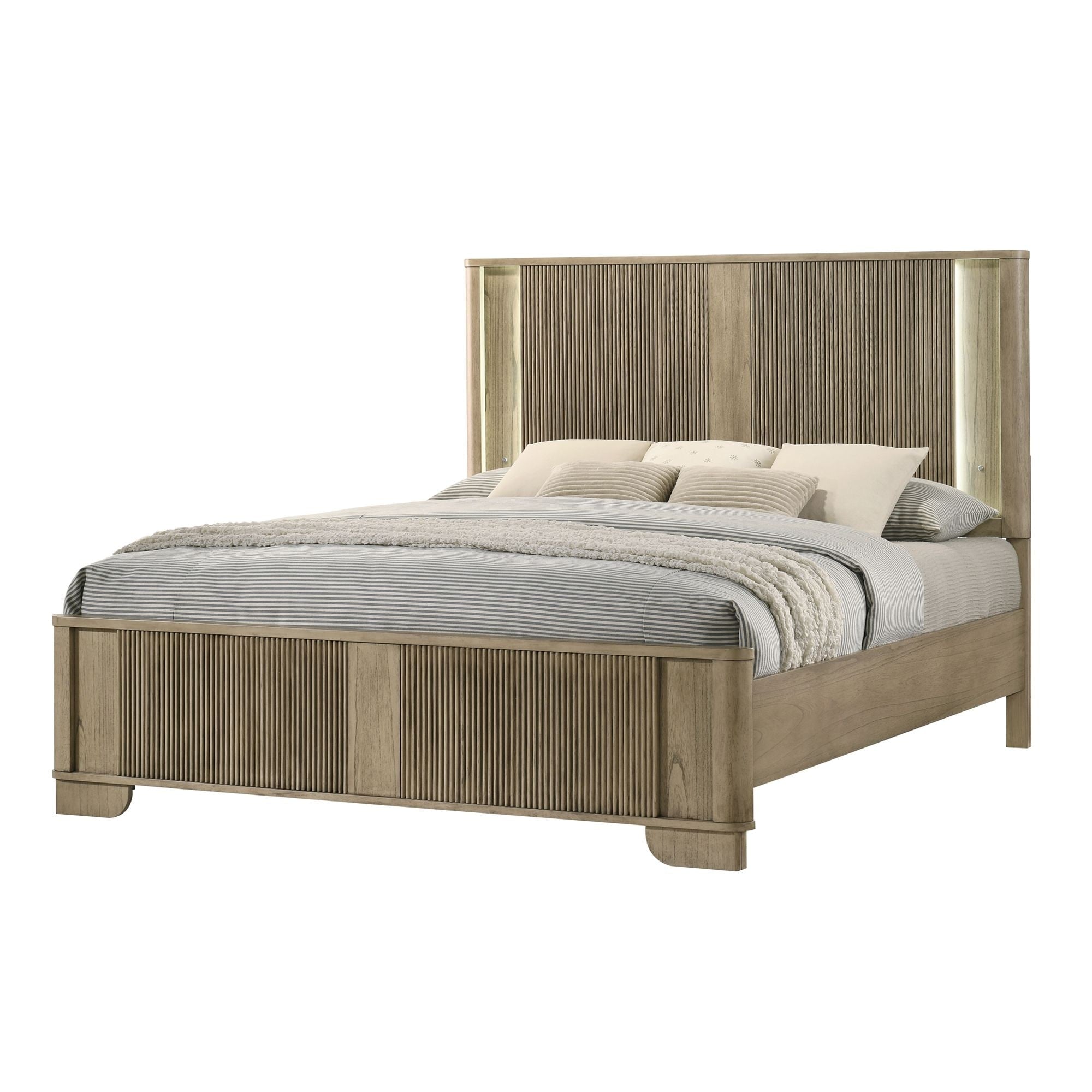 Sierra White Oak Fluted Solid Wood Led Panel Bed
