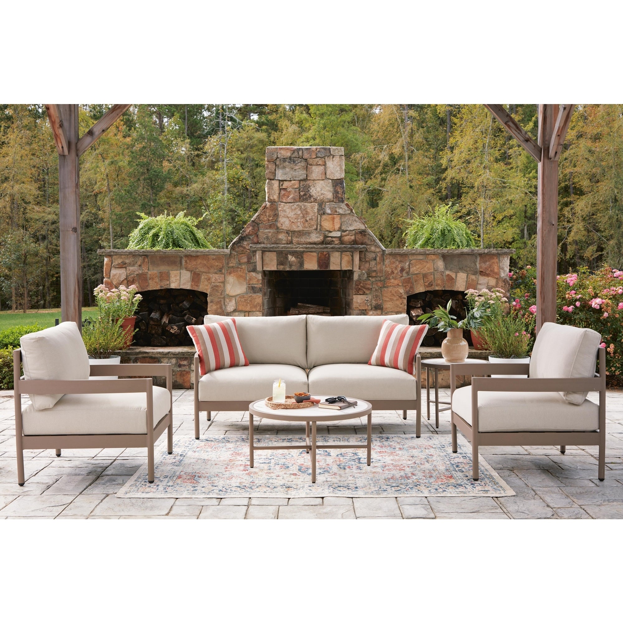 Signature Design By Ashley Big Creek Cove Beige Brown Outdoor Loveseat And Chairs With Tables Set Of 5