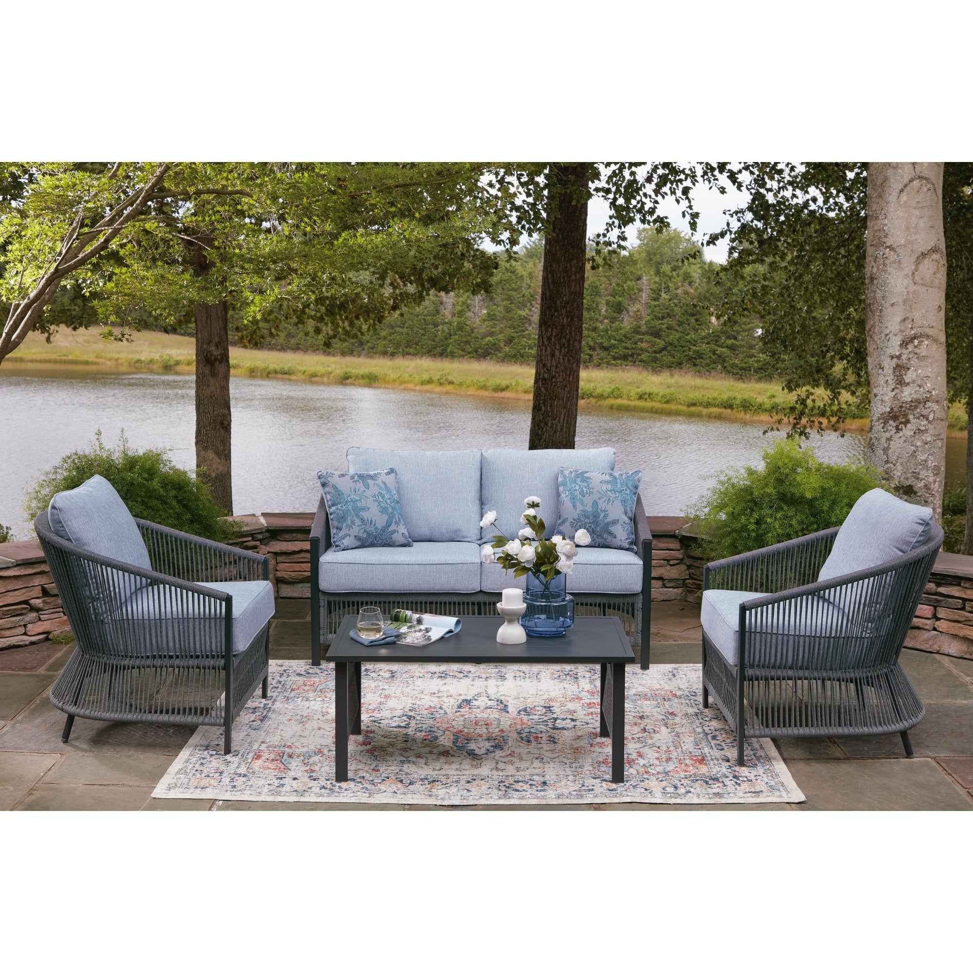 Signature Design By Ashley Bodega Island Gray Black Outdoor Loveseat And Chairs With Table Set Of 4