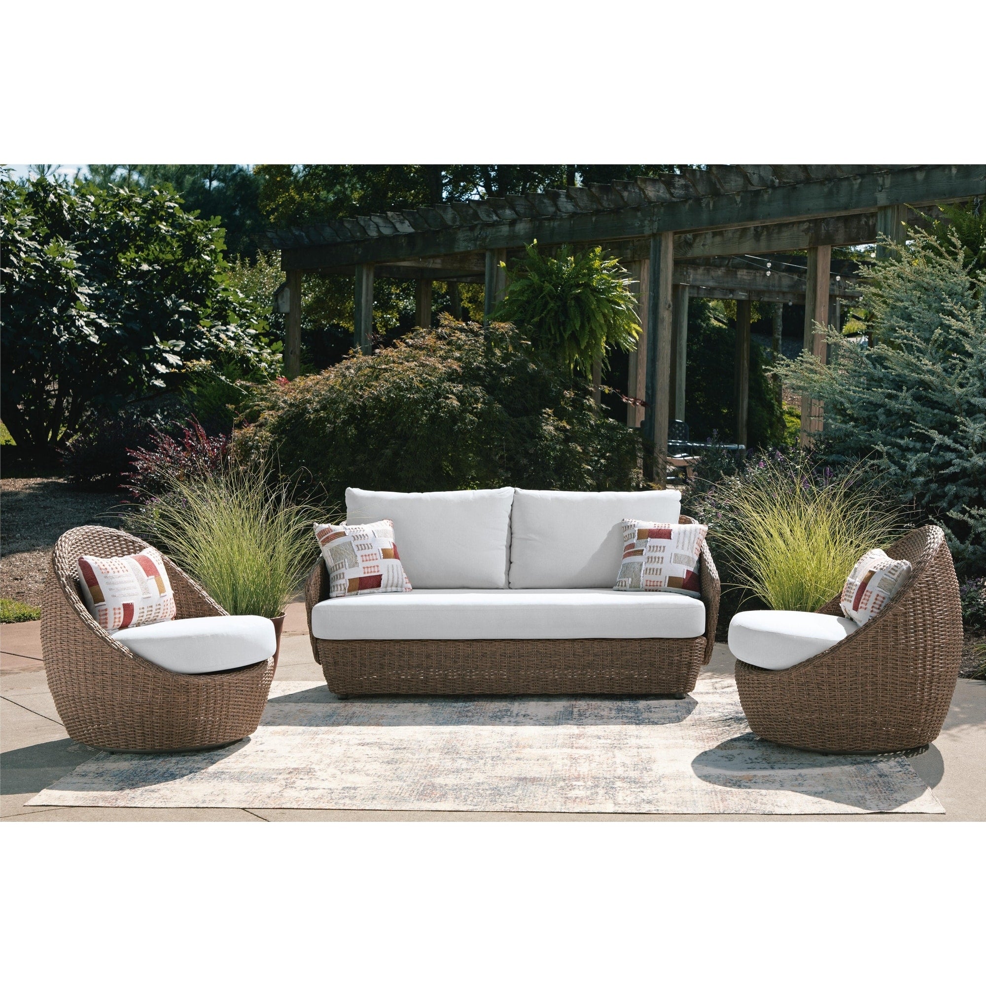 Signature Design By Ashley Cardiff Beach Brown Gray Outdoor Loveseat And 2 Swivel Chairs Set Of 3
