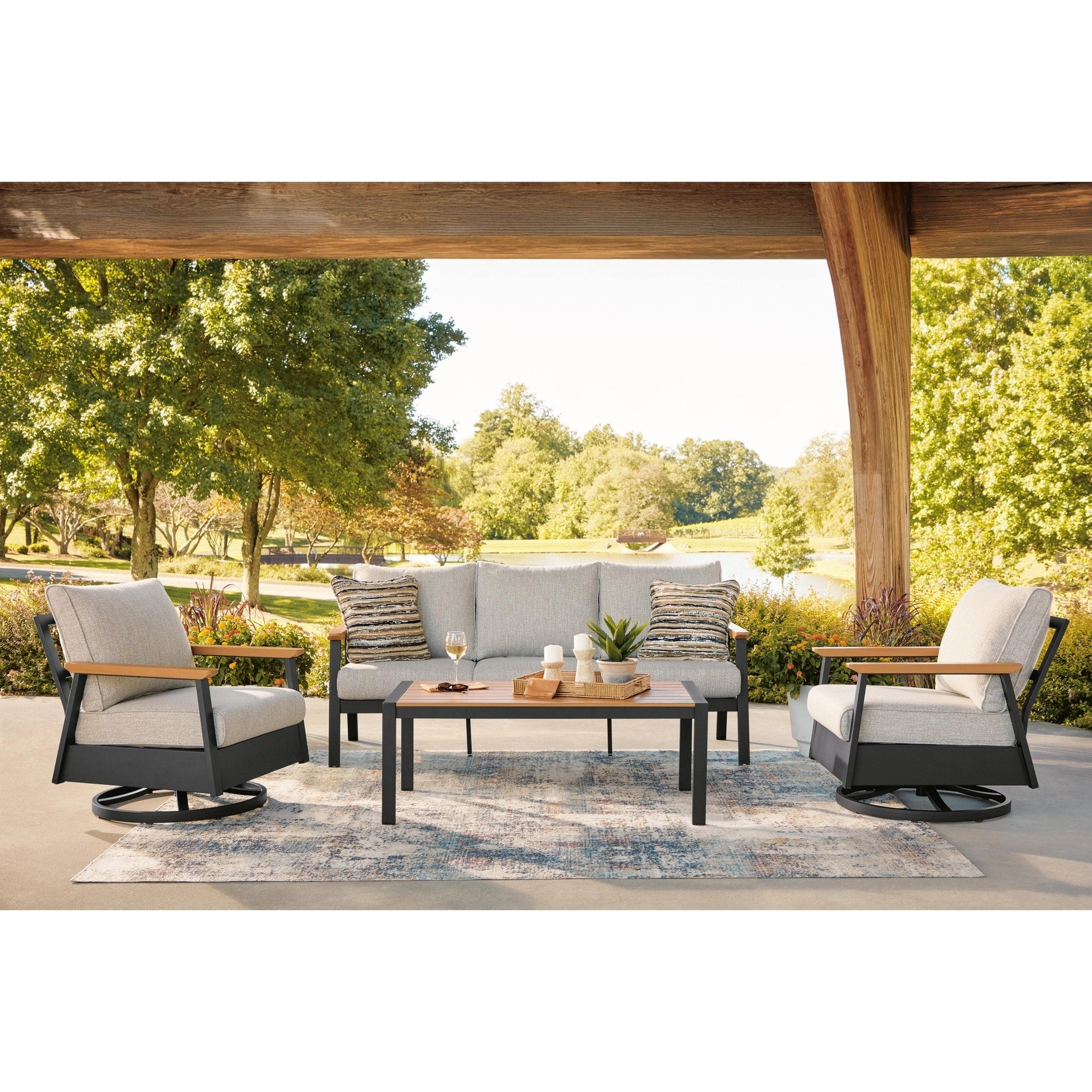 Signature Design By Ashley Carlsbad Beach Dark Brown Beige Outdoor Sofa And Chairs With Table Set Of 4