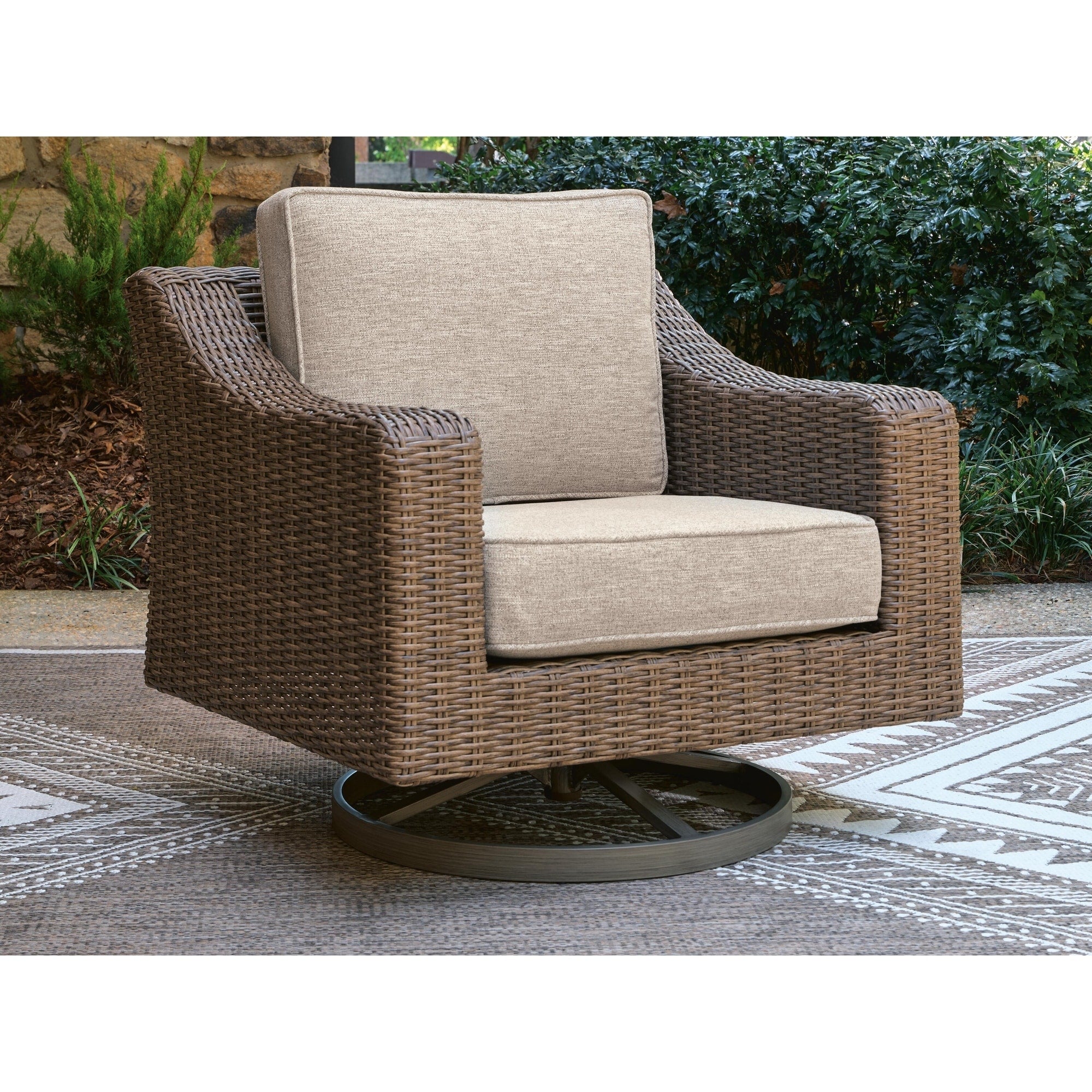 Signature Design By Ashley Carmel Bay Beige Gray Swivel Lounge With Cushion 36 W X 38 D X 31 H