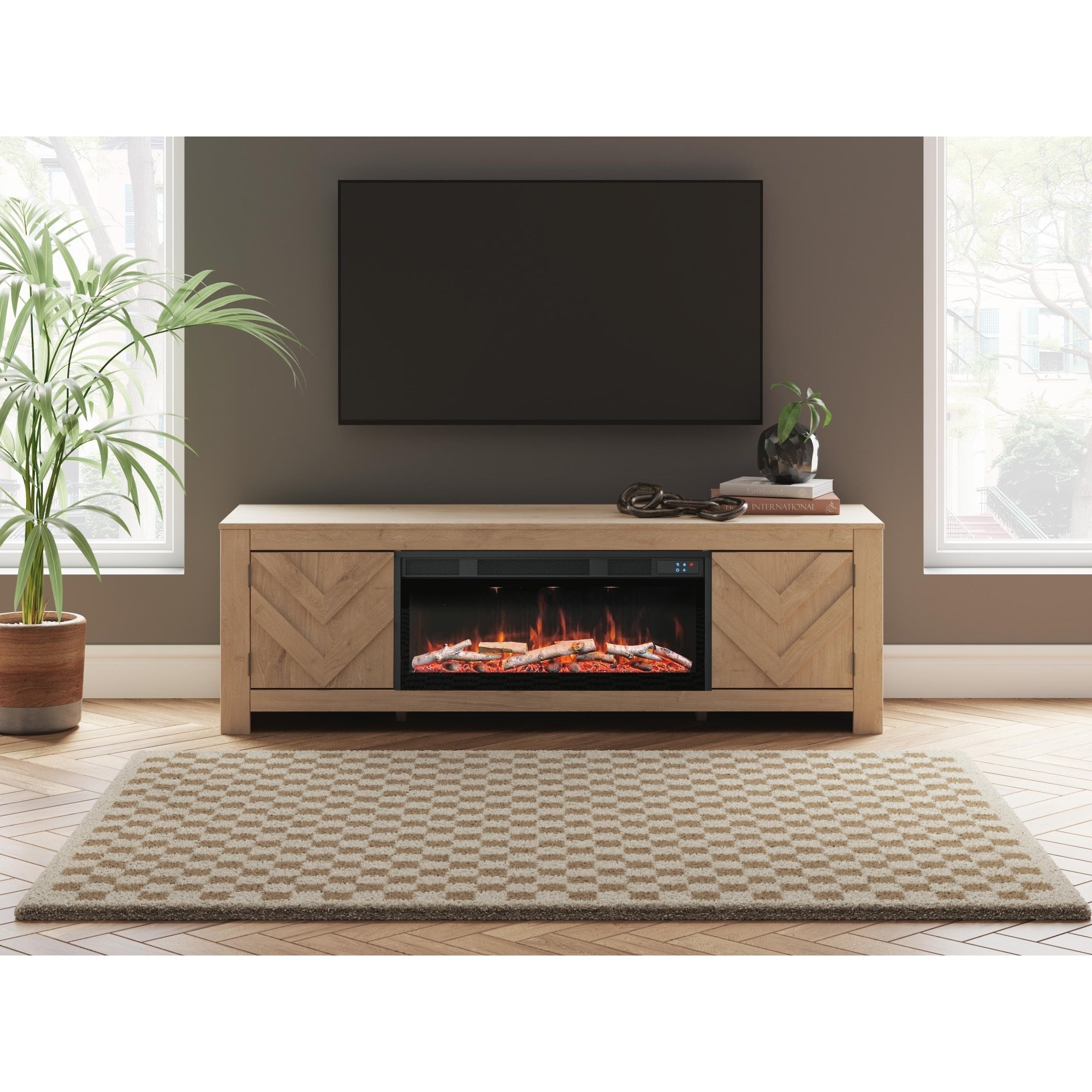 Signature Design By Ashley Cayboni Beige 71 Tv Stand With Electric Fireplace For Tvs Up To 117 Up To 81