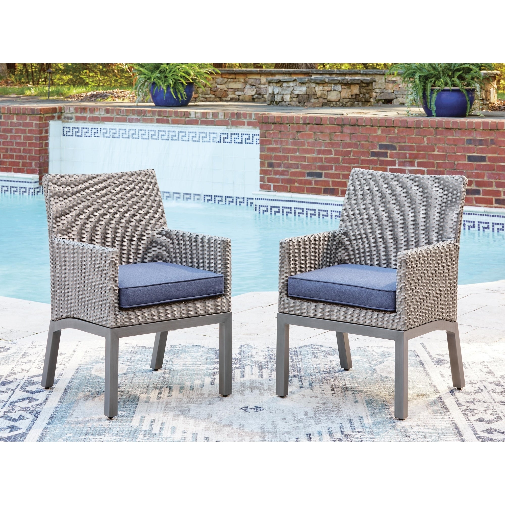 Signature Design By Ashley Dillon Beach Blue Gray Outdoor Arm Chair With Cushion Set Of 2 24 W X 27 D X 36 H