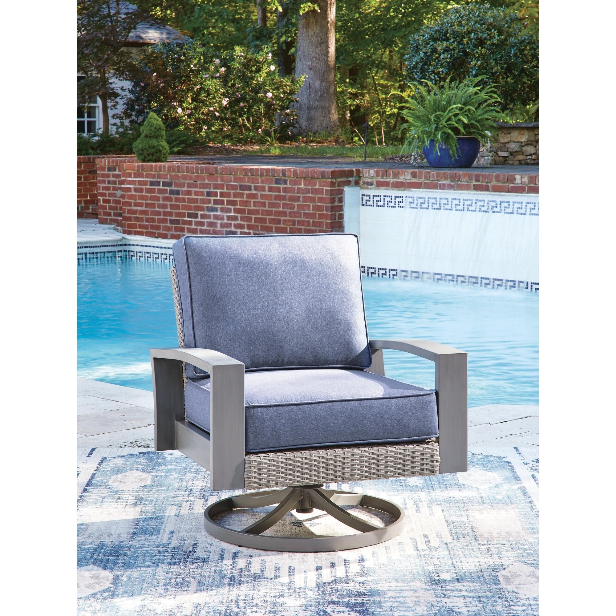 Signature Design By Ashley Dillon Beach Blue Gray Outdoor Swivel Lounge Chair With Cushion