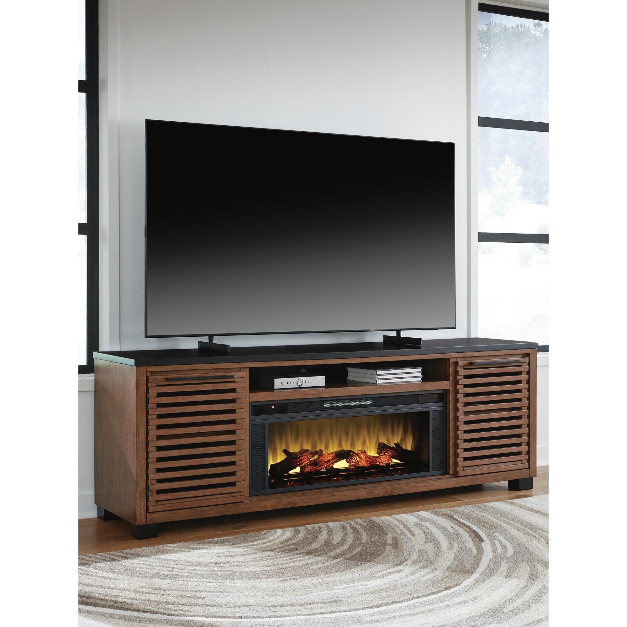 Signature Design By Ashley Kallari Warm Brown Black 84 Tv Stand With Electric Fireplace For Tvs Up To 95