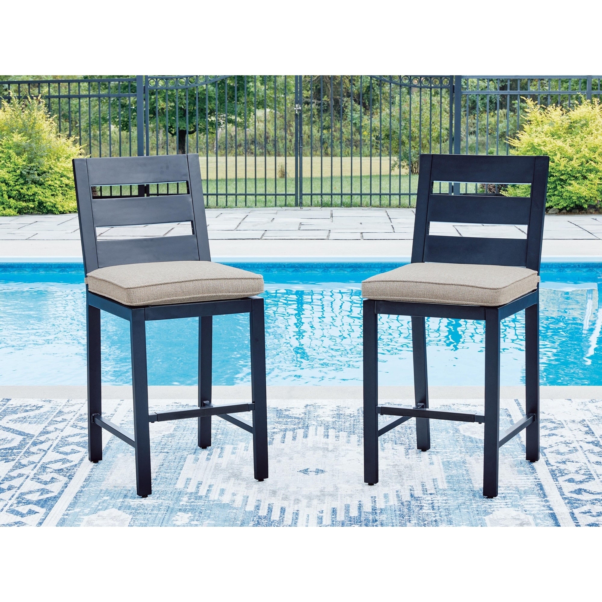 Signature Design By Ashley Mabry Shores Navy Blue Beige Outdoor Counter Height Bar Stool Set Of 2 20 W X 23 D X 44 H
