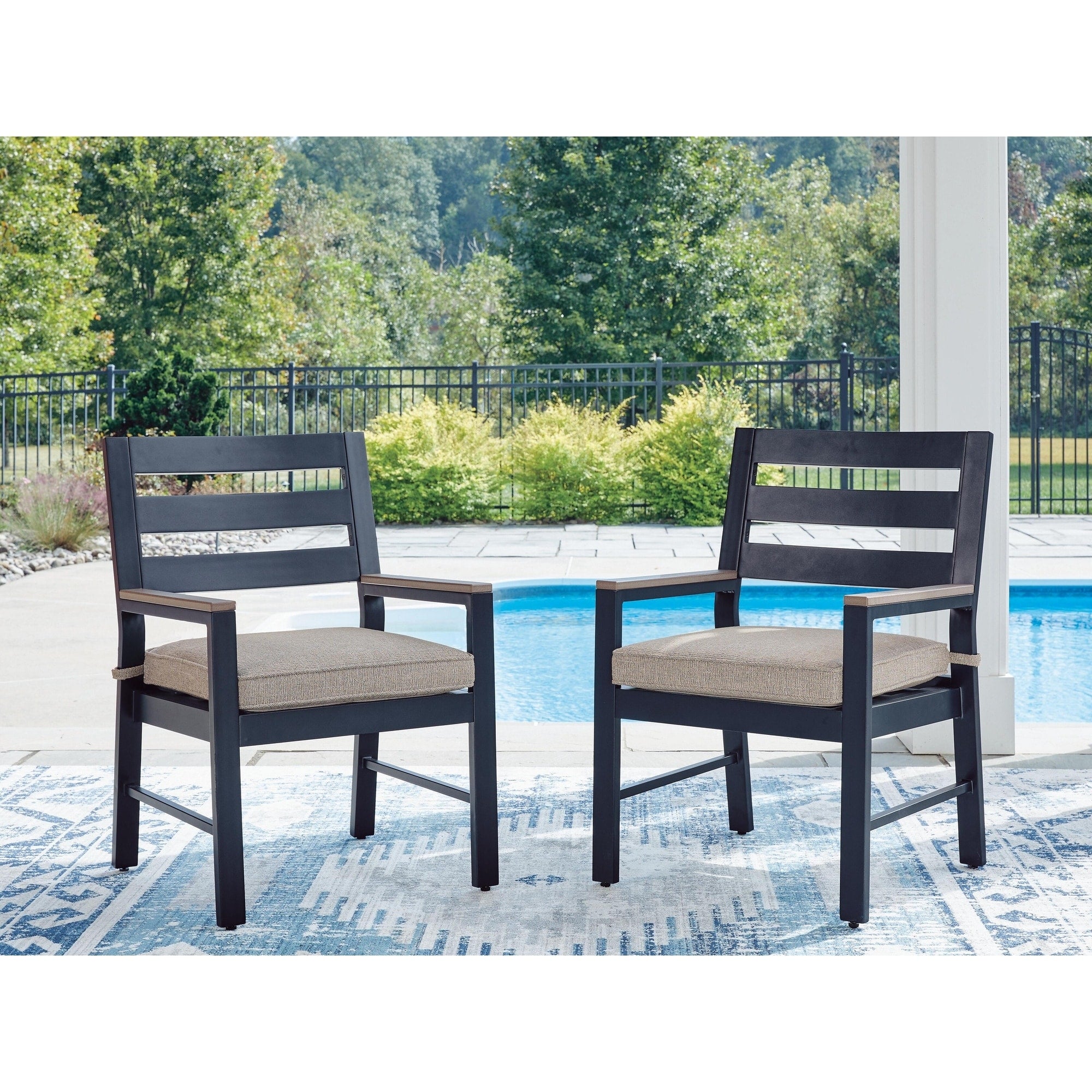 Signature Design By Ashley Mabry Shores Navy Blue Gray Outdoor Arm Chair With Cushion Set Of 2 24 W X 25 D X 36 H