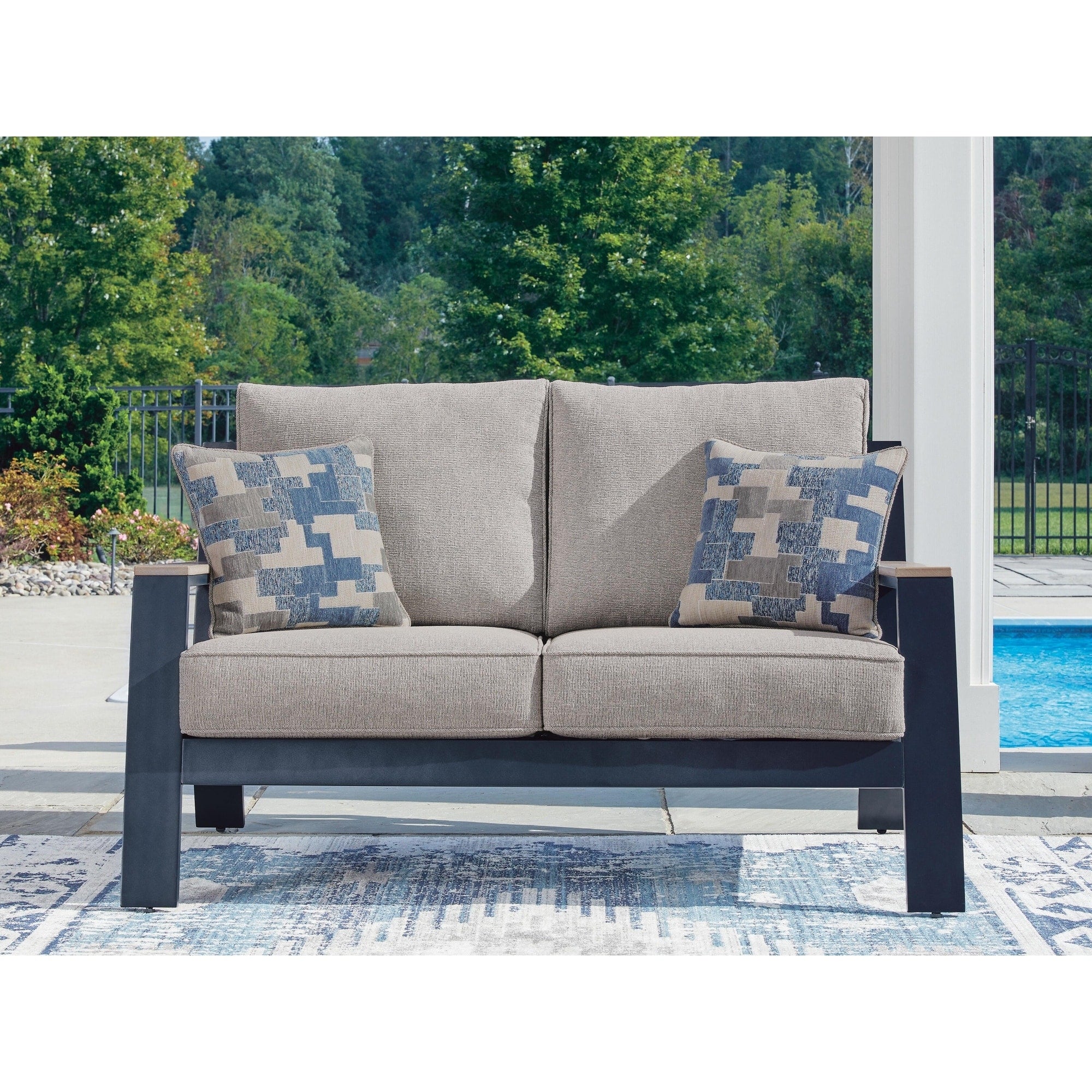 Signature Design By Ashley Mabry Shores Navy Blue Gray Outdoor Loveseat With Cushion