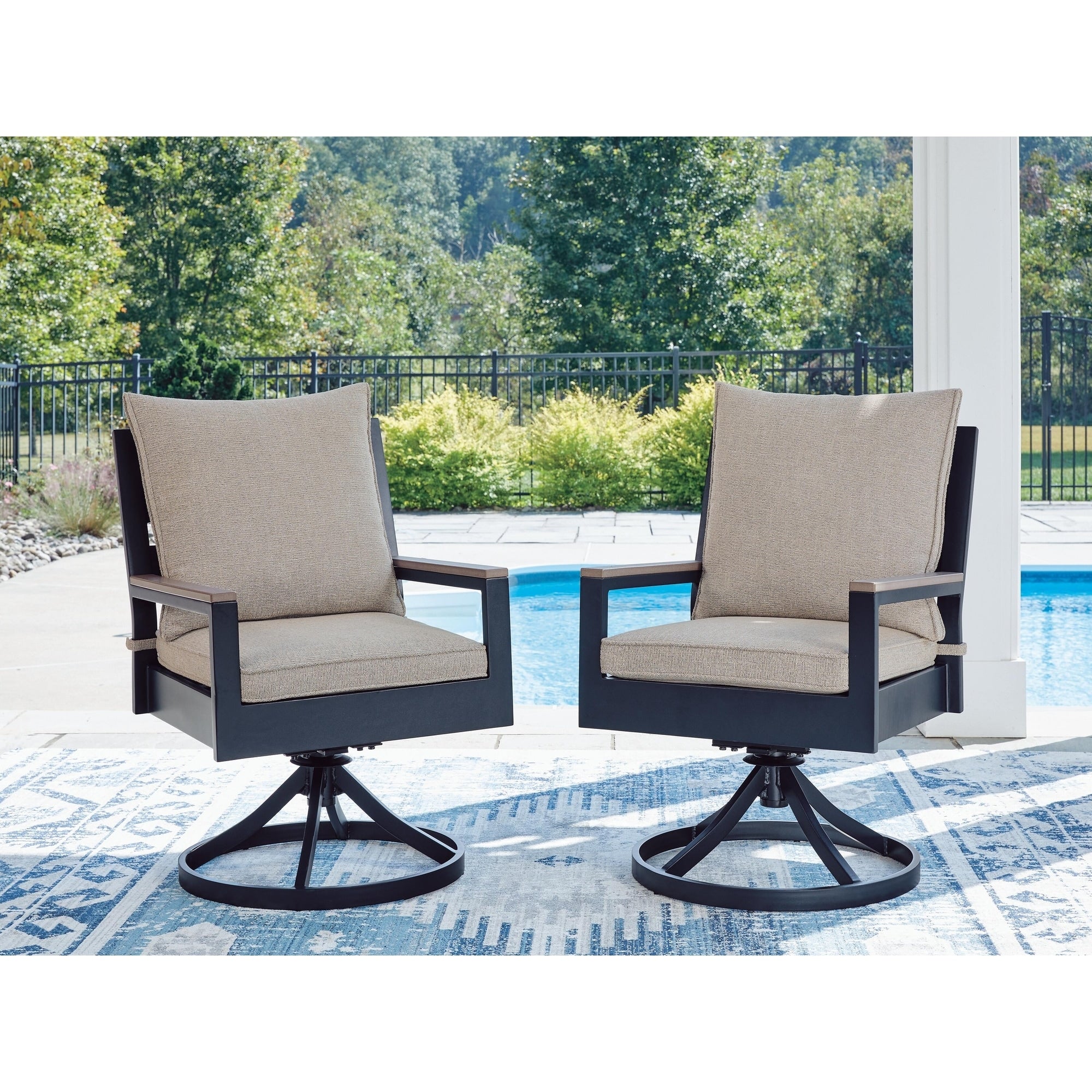 Signature Design By Ashley Mabry Shores Navy Blue Gray Outdoor Swivel Chair With Cushion Set Of 2 24 W X 29 D X 39 H