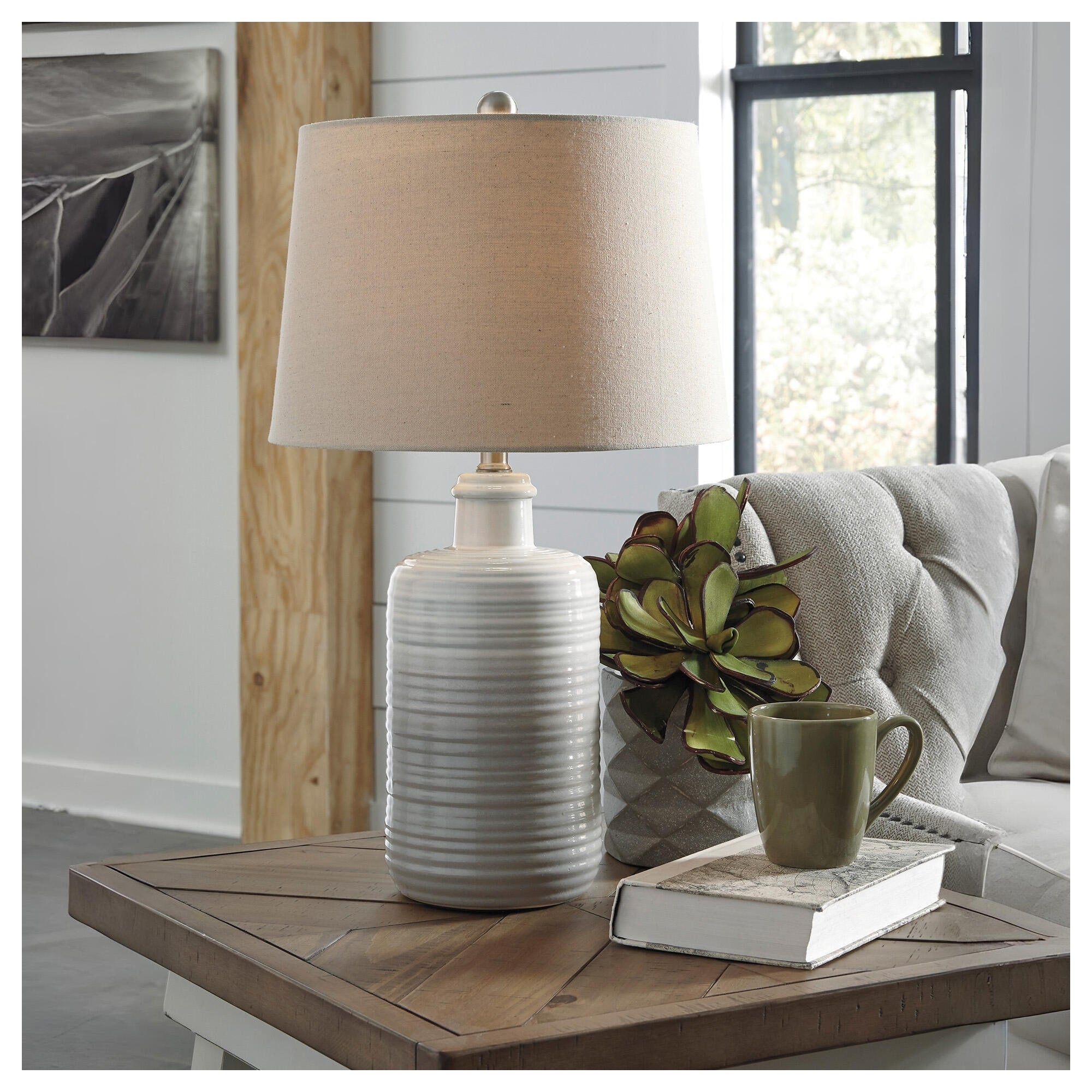 Signature Design By Ashley Marnina Off White Ceramic 24 Inch Table Lamps With Taupe Shades Set Of 2