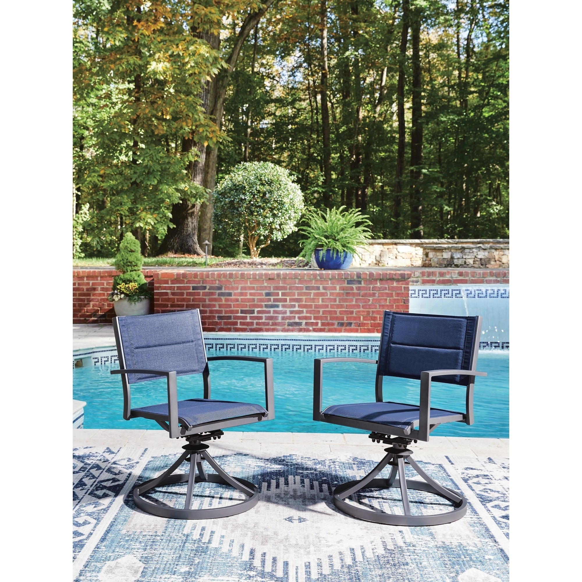 Signature Design By Ashley Point Bonita Blue Gray Outdoor Sling Swivel Chair Set Of 2 24 W X 25 D X 35 H