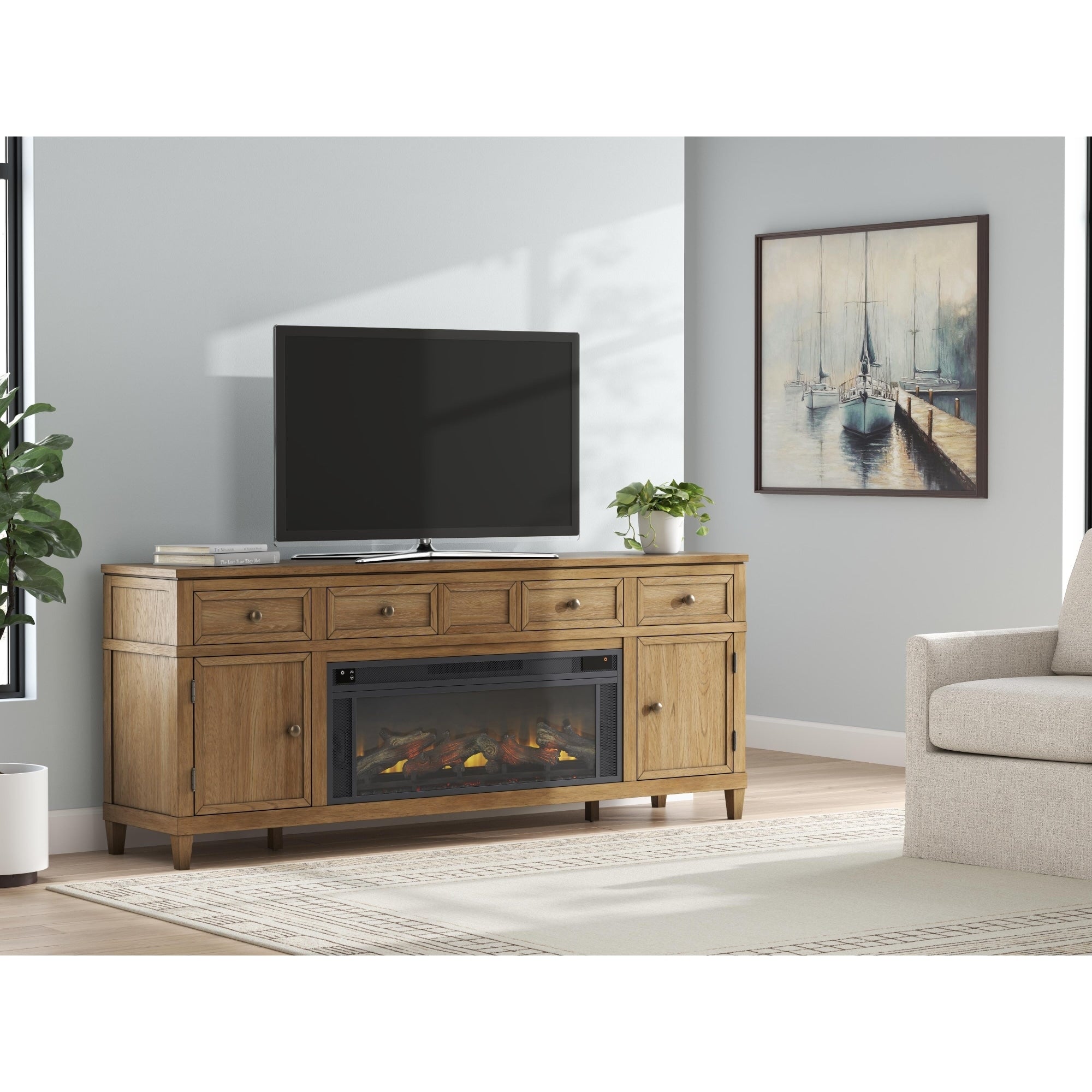 Signature Design By Ashley Sharlance Light Brown 81 Tv Stand With Electric Fireplace For Tvs Up To 93