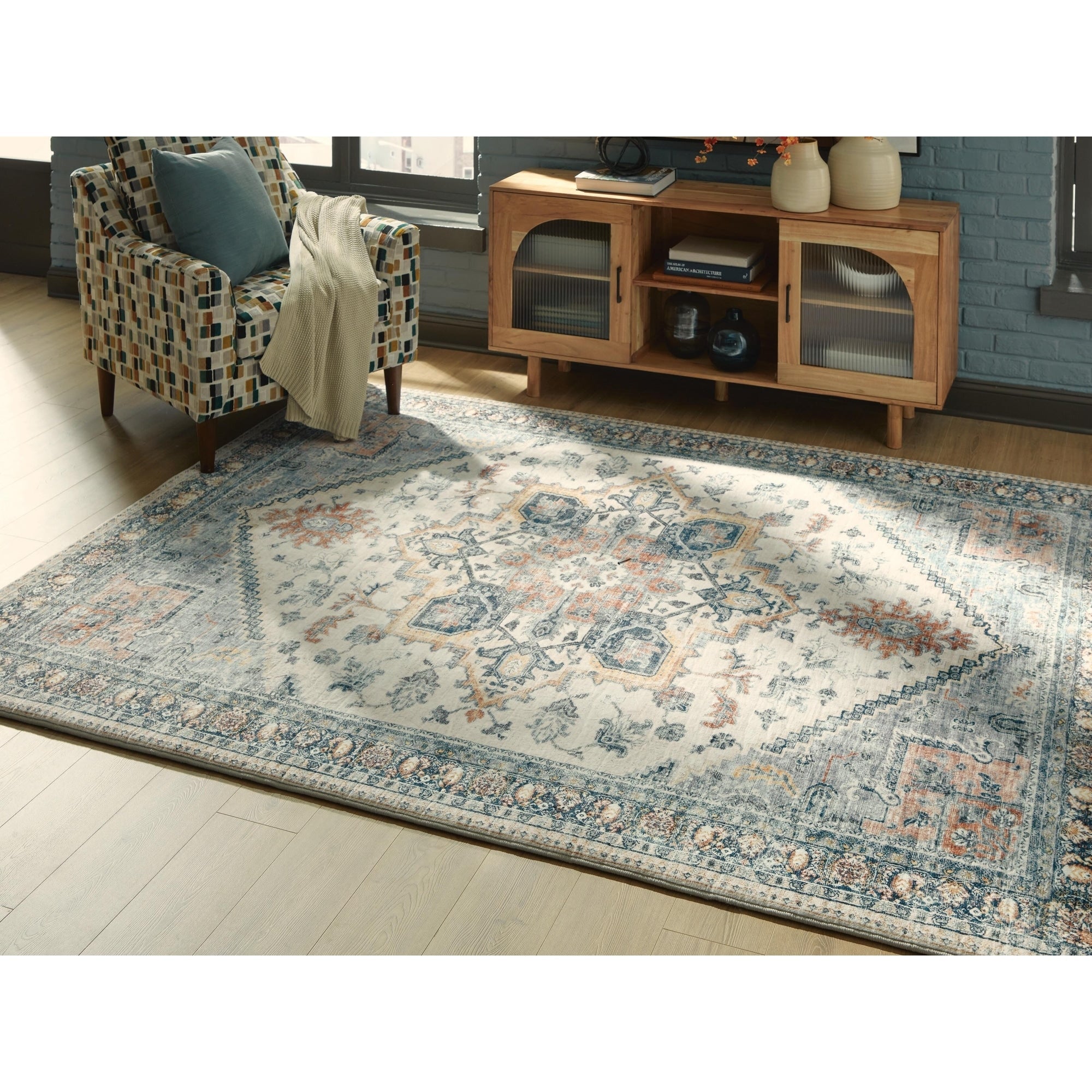 Signature Design By Ashley Wallney Blue Gray Orange Memory Foam Area Rug