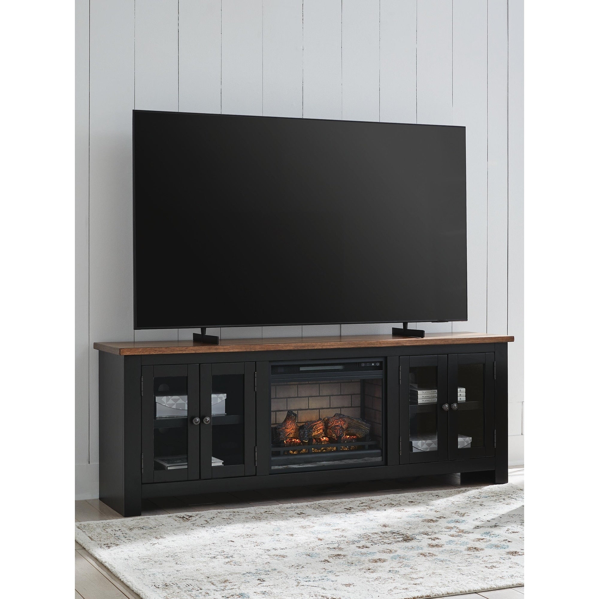 Signature Design By Ashley Wildenauer Brown Black 76 Tv Stand With Electric Fireplace For Tvs Up To 86 76 W X 18 D X 28 H